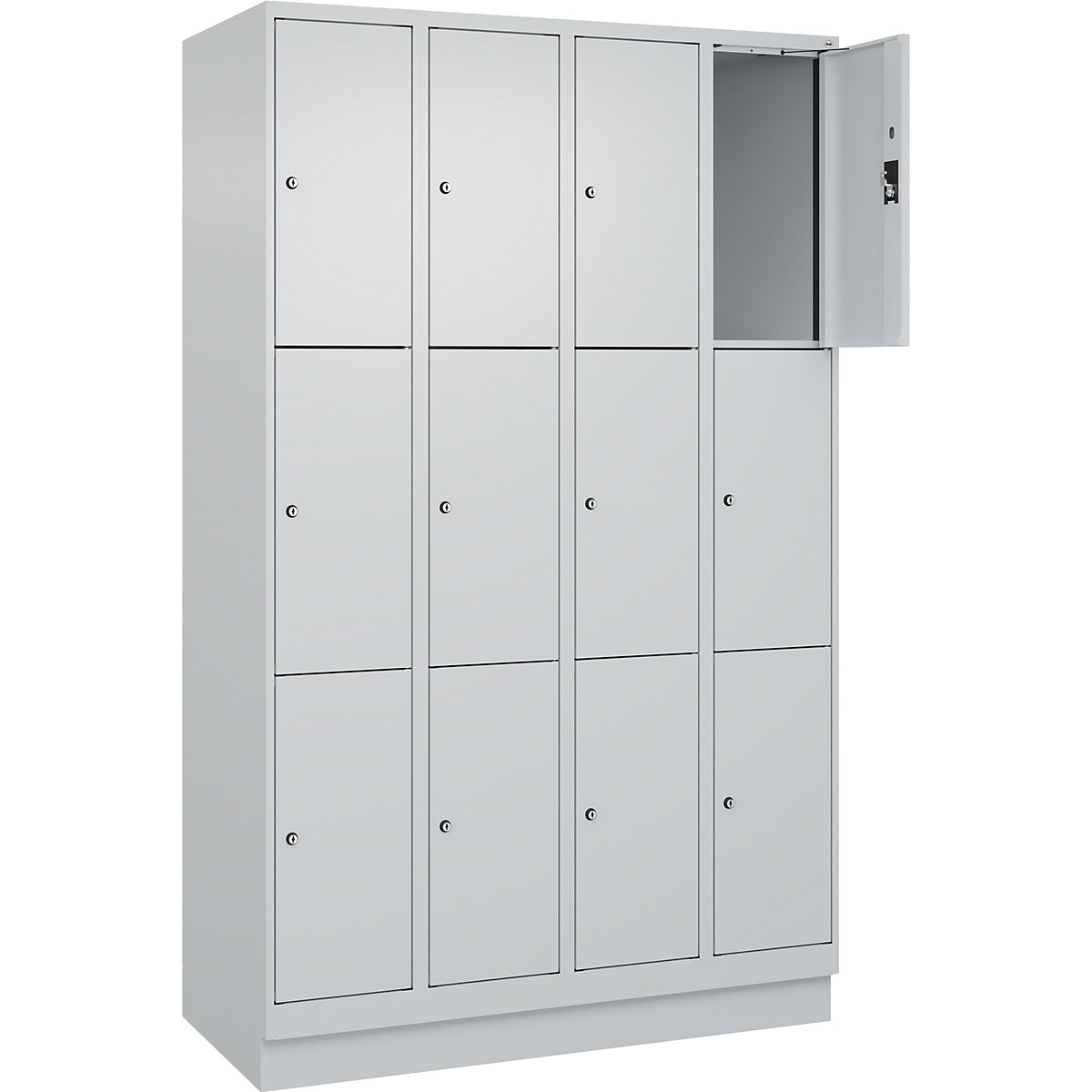 Dulap cu 3 compartimente cu încuietoare Evolo PLUS, 4 module, gri deschis, lăț. 1200 mm, 12 compartimente, cu soclu, încuietoare cilindrică-0