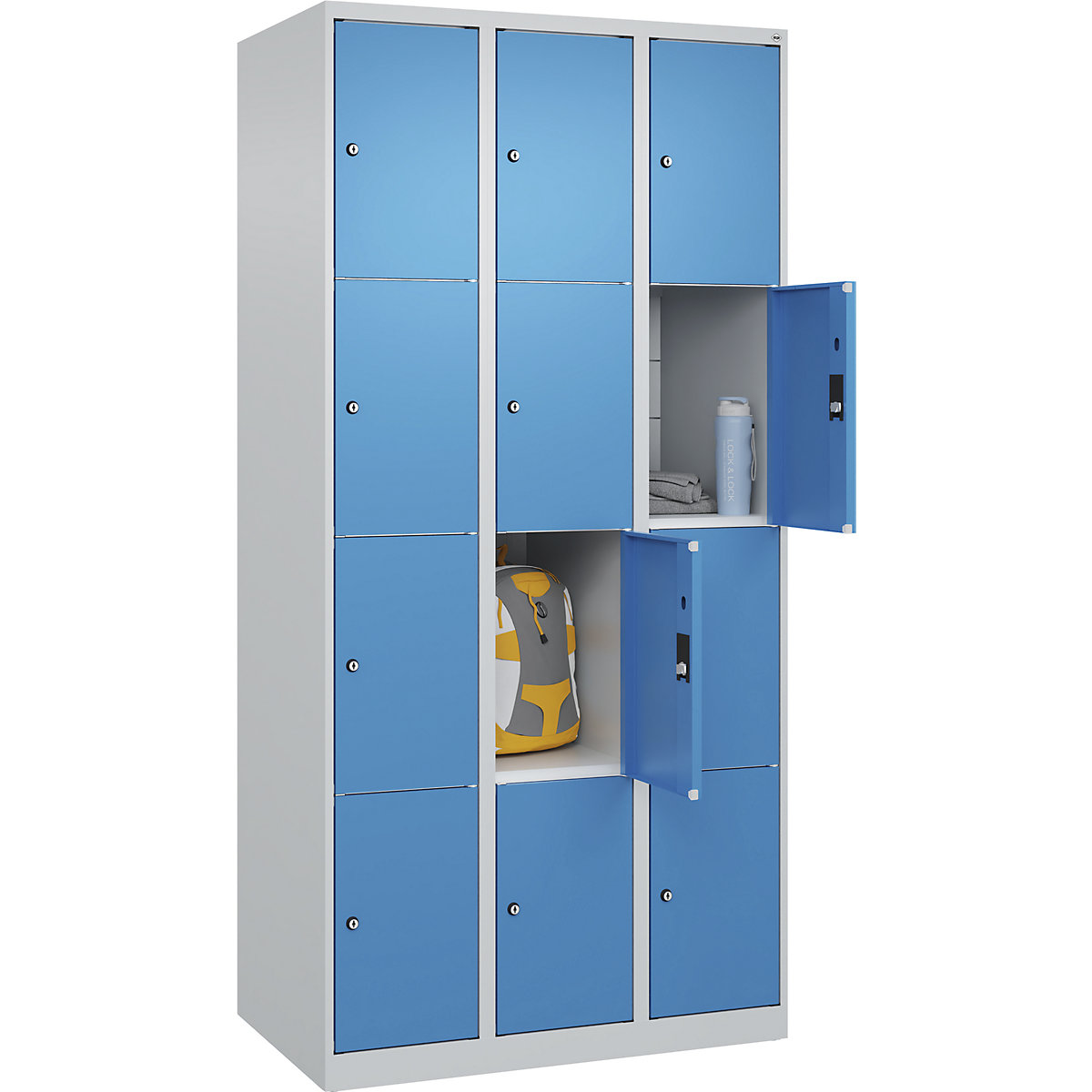 Dulap cu 4 compartimente cu încuietoare Classic PLUS – C+P, 3 module, gri deschis / albastru deschis, lăț. 900 mm, 12 compartimente, cu glisoare pentru podea-0