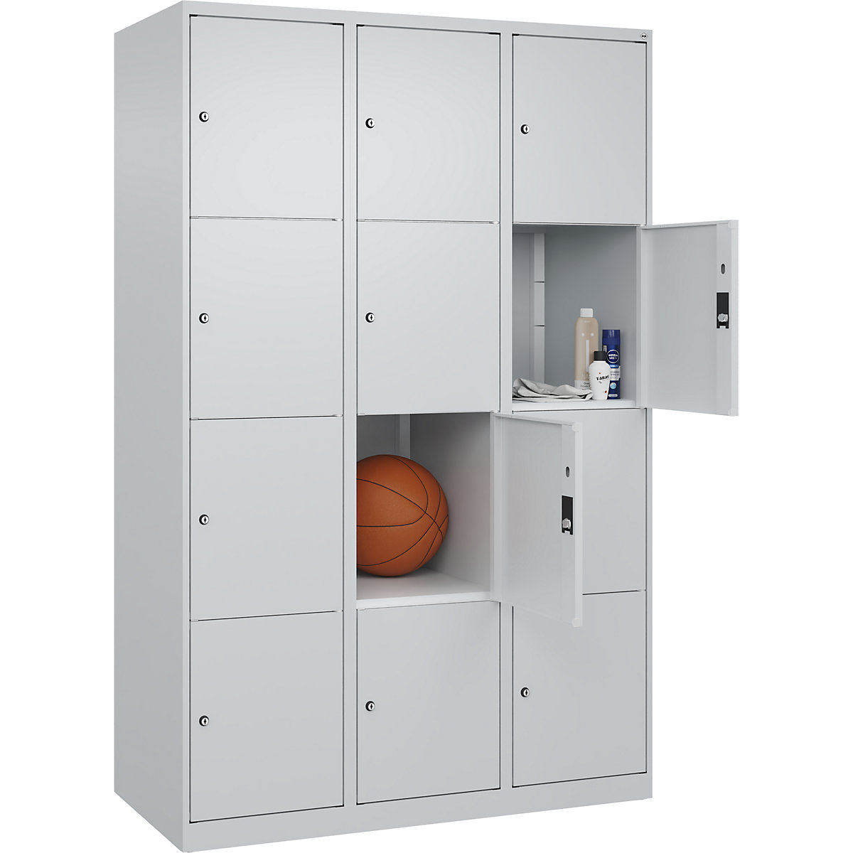 Dulap cu 4 compartimente cu încuietoare Classic PLUS – C+P, 3 module, gri deschis, lăț. 1200 mm, 12 compartimente, cu glisoare pentru podea-0