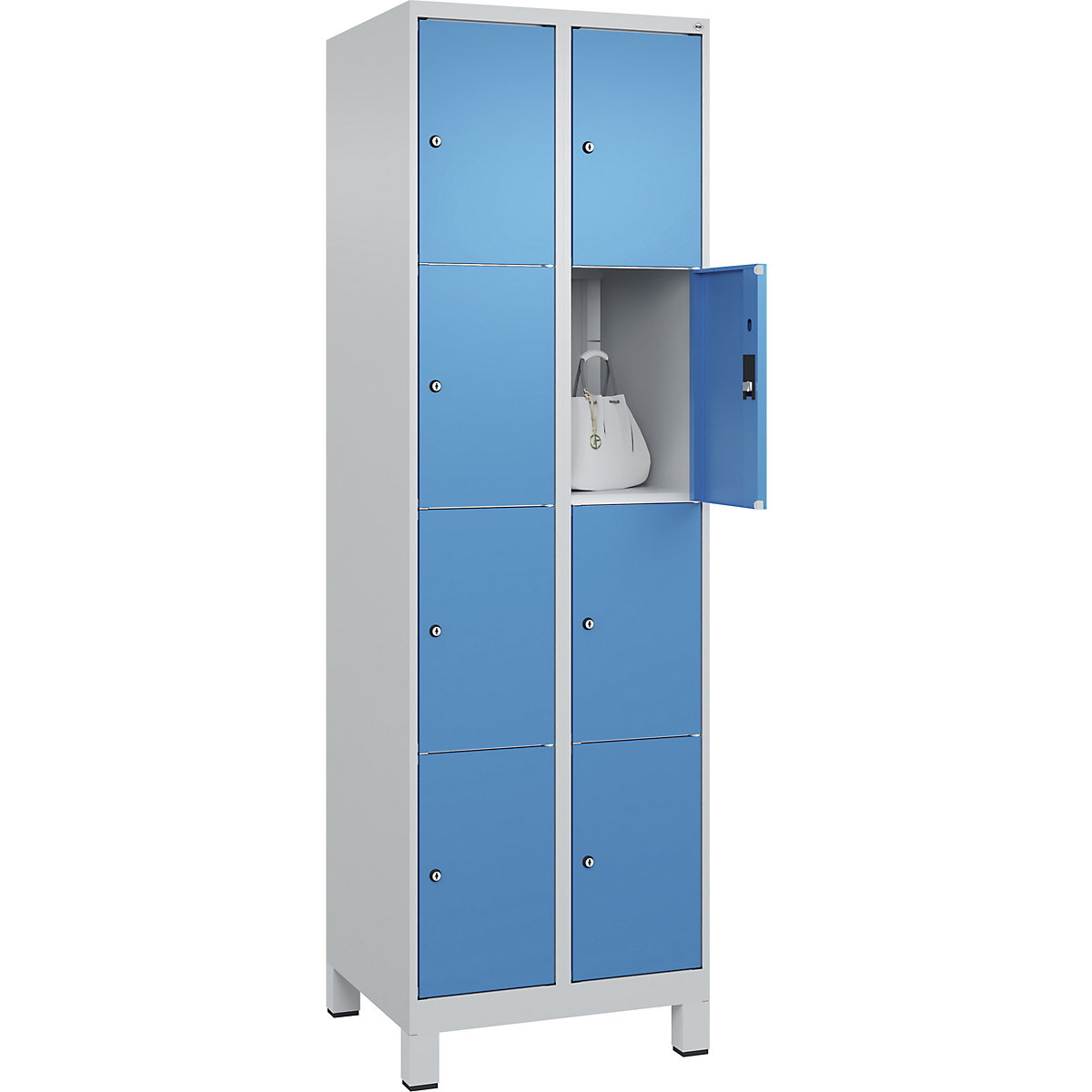 Dulap cu 4 compartimente cu încuietoare Classic PLUS – C+P, 2 module, gri deschis / albastru deschis, lăț. 600 mm, 8 compartimente, cu picioare-0
