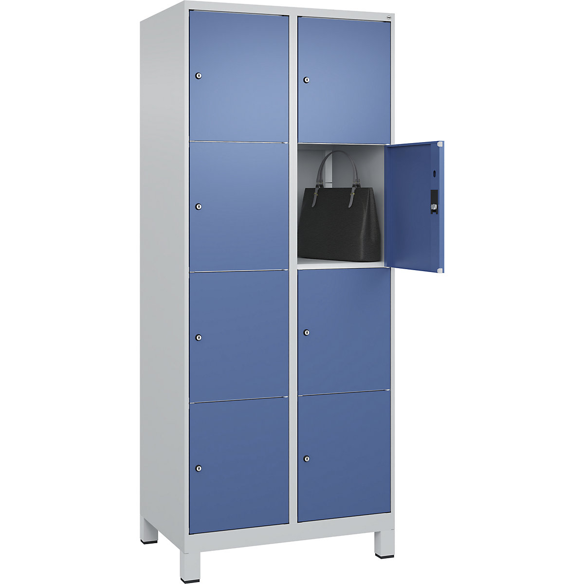 Dulap cu 4 compartimente cu încuietoare Classic PLUS – C+P, 2 module, gri deschis / albastru distant, lăț. 800 mm, 8 compartimente, cu picioare-0