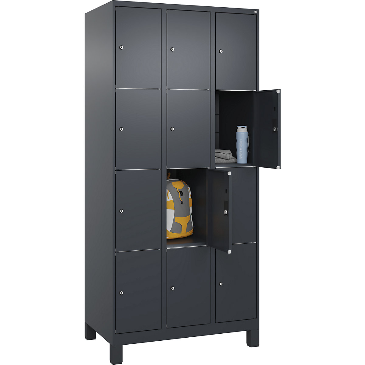 Dulap cu 4 compartimente cu încuietoare Classic PLUS – C+P, 3 module, gri, lăț. 900 mm, 12 compartimente, cu picioare-0