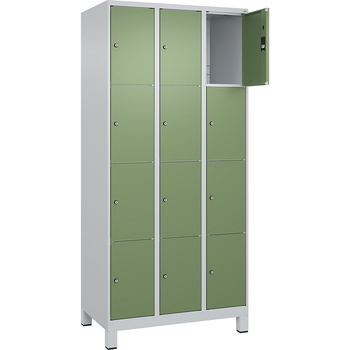 Dulap cu 4 compartimente cu încuietoare Classic PLUS – C+P, 3 module, gri deschis / verde reseda, lăț. 900 mm, 12 compartimente, cu picioare-0