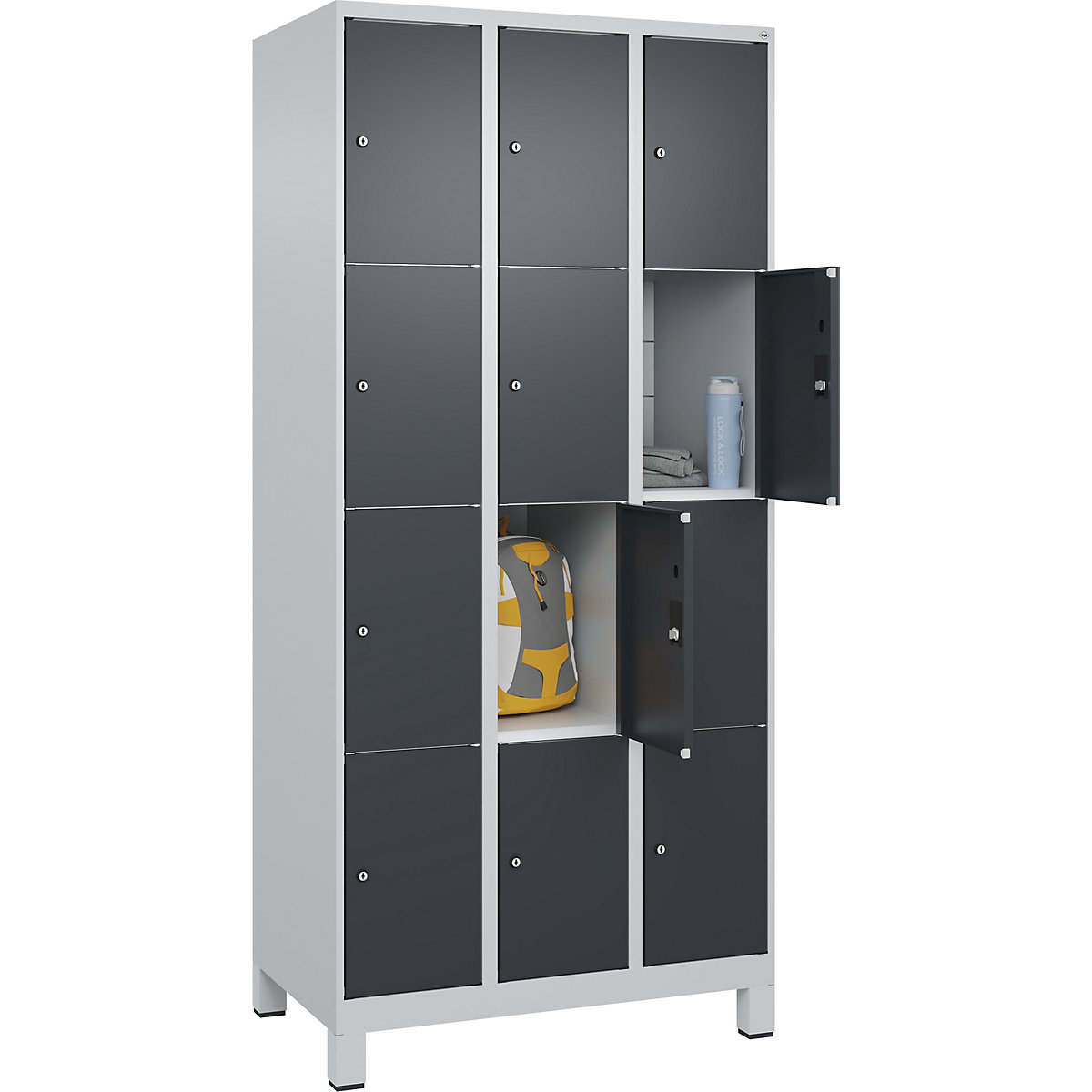 Dulap cu 4 compartimente cu încuietoare Classic PLUS – C+P, 3 module, gri deschis / gri, lăț. 900 mm, 12 compartimente, cu picioare-0
