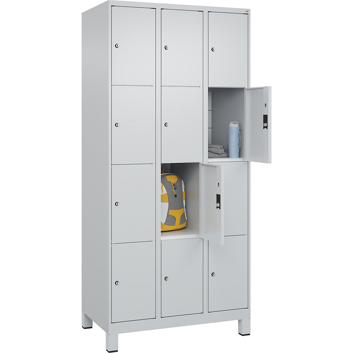 Dulap cu 4 compartimente cu încuietoare Classic PLUS – C+P, 3 module, gri deschis, lăț. 900 mm, 12 compartimente, cu picioare-0