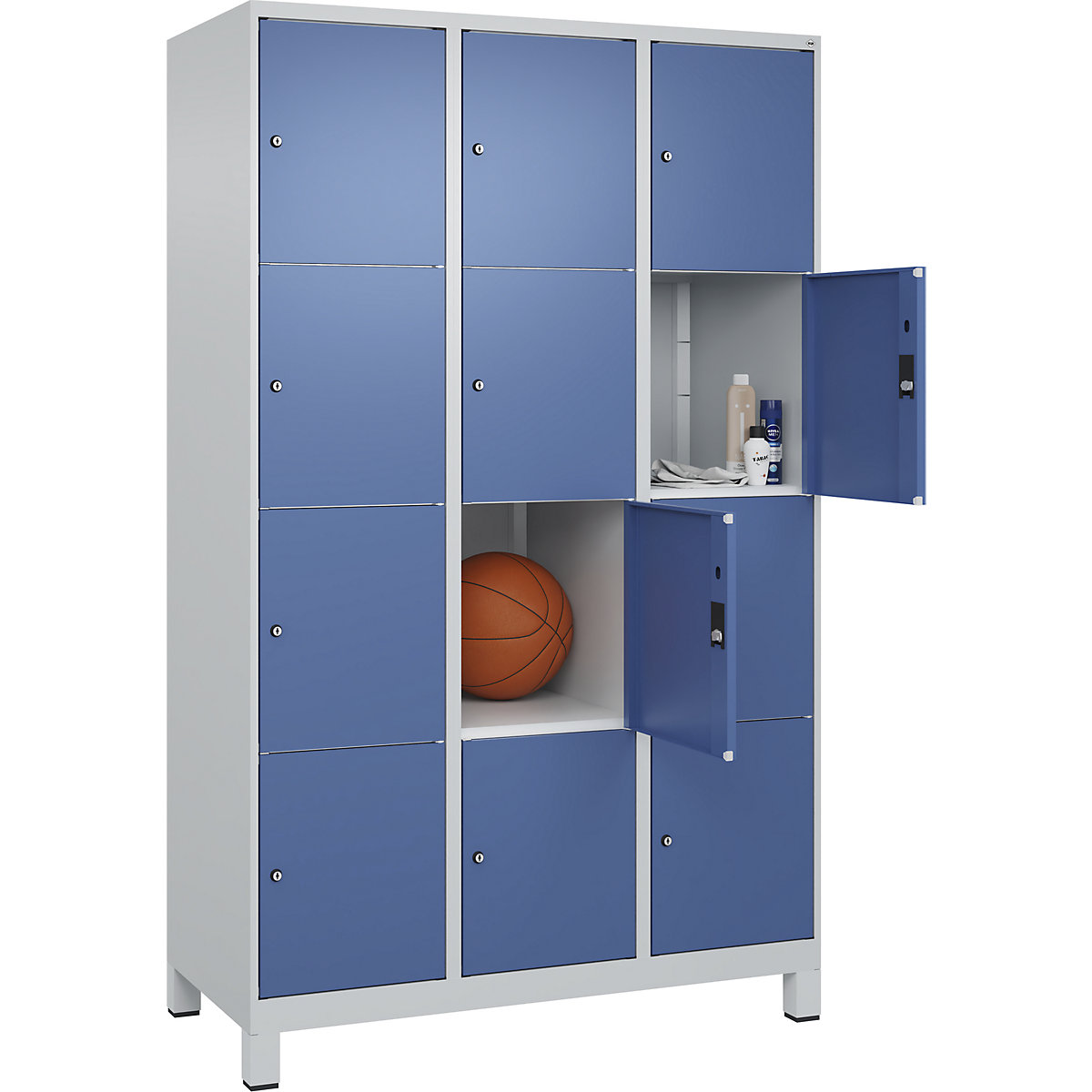 Dulap cu 4 compartimente cu încuietoare Classic PLUS – C+P, 3 module, gri deschis / albastru distant, lăț. 1200 mm, 12 compartimente, cu picioare-0
