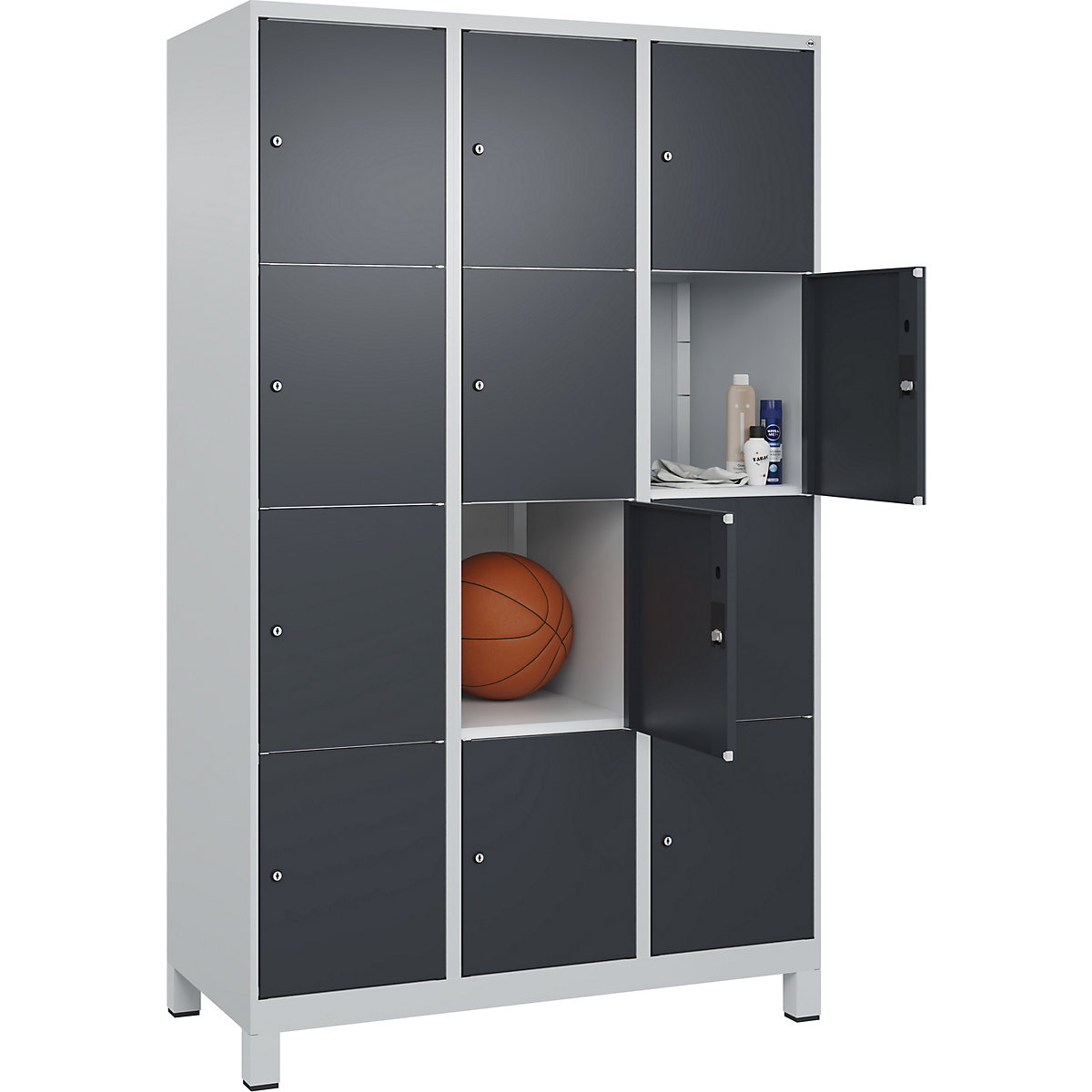 Dulap cu 4 compartimente cu încuietoare Classic PLUS – C+P, 3 module, gri deschis / gri, lăț. 1200 mm, 12 compartimente, cu picioare-0