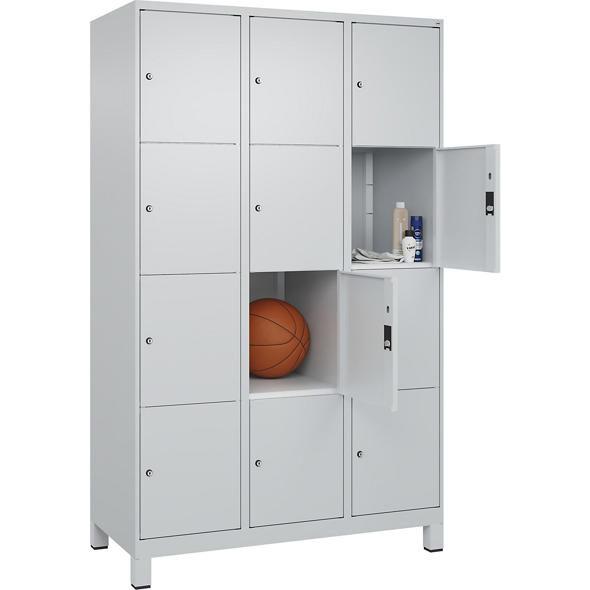 Dulap cu 4 compartimente cu încuietoare Classic PLUS – C+P, 3 module, gri deschis, lăț. 1200 mm, 12 compartimente, cu picioare-0