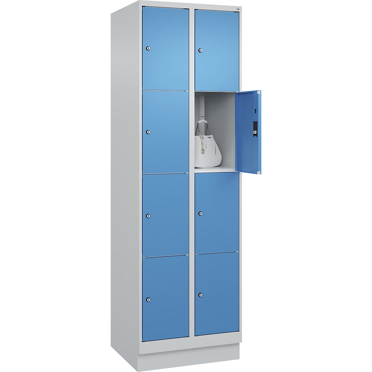 Dulap cu 4 compartimente cu încuietoare Classic PLUS – C+P, 2 module, gri deschis / albastru deschis, lăț. 600 mm, 8 compartimente, cu soclu-0