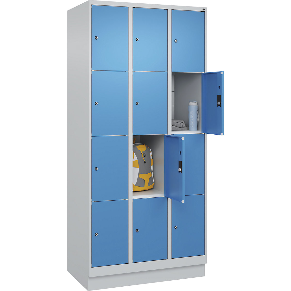 Dulap cu 4 compartimente cu încuietoare Classic PLUS – C+P, 3 module, gri deschis / albastru deschis, lăț. 900 mm, 12 compartimente, cu soclu-0