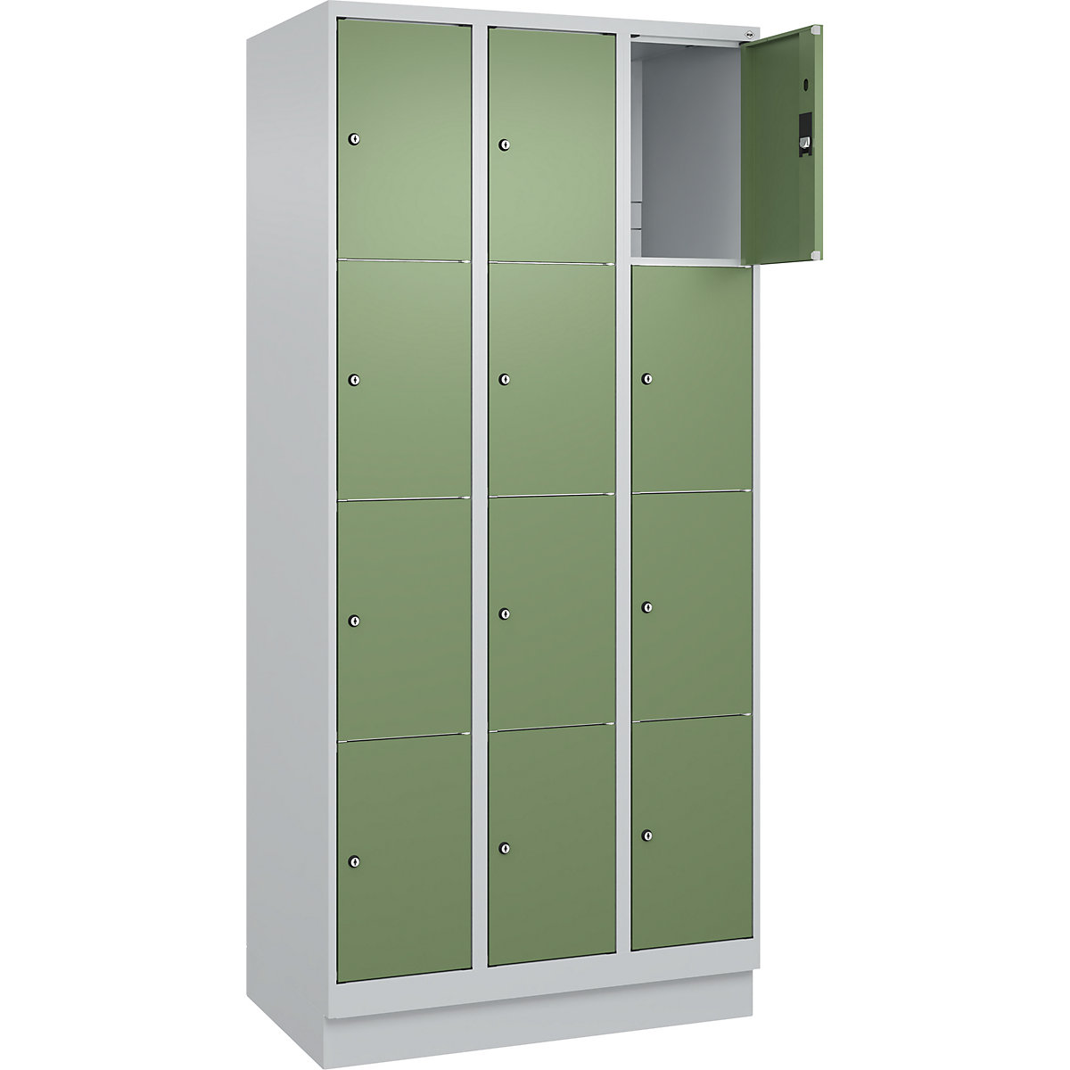 Dulap cu 4 compartimente cu încuietoare Classic PLUS – C+P, 3 module, gri deschis / verde reseda, lăț. 900 mm, 12 compartimente, cu soclu-0