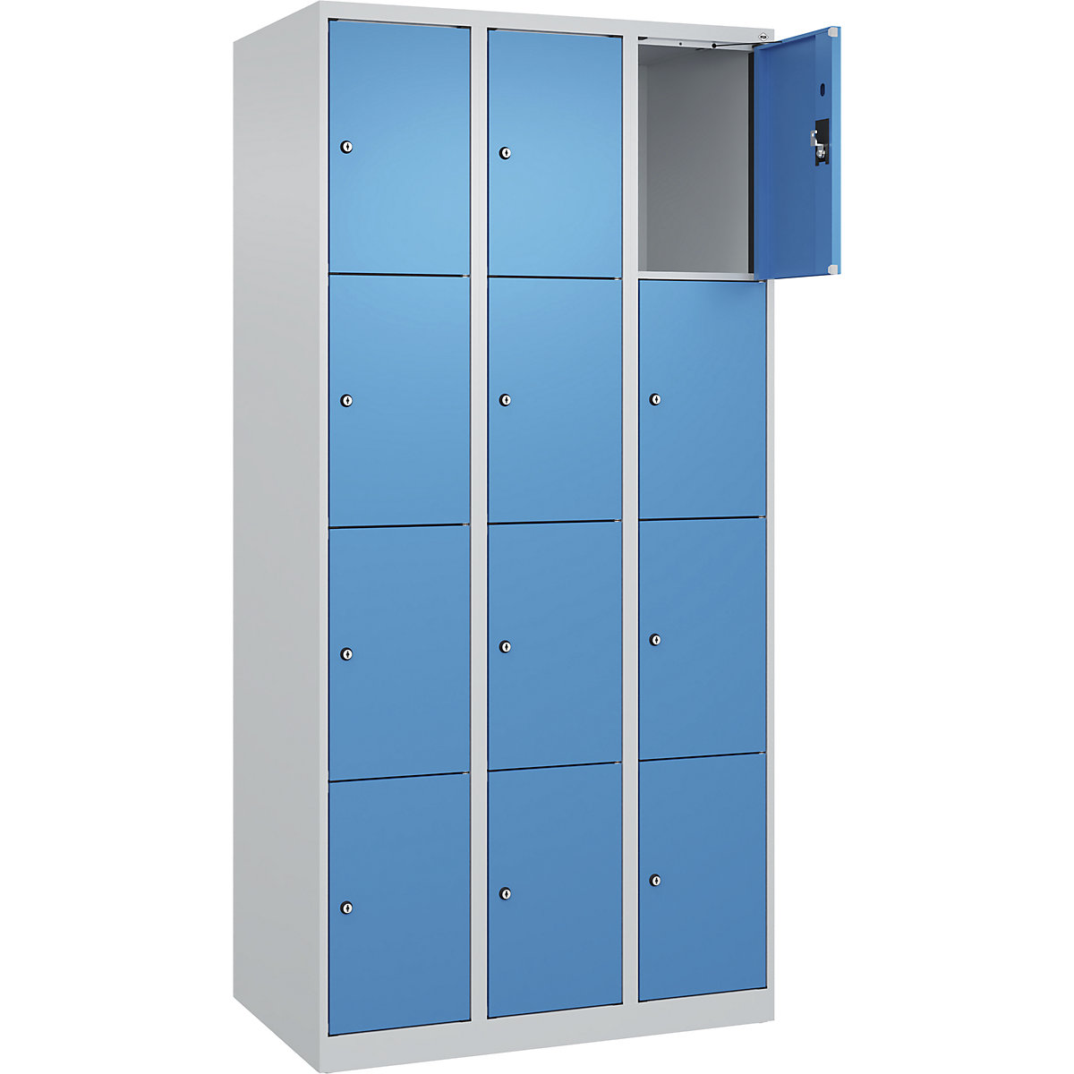 Dulap cu 4 compartimente cu încuietoare Evolo PLUS, 3 module, gri deschis / albastru deschis, lăț. 900 mm, 12 compartimente, cu glisoare pentru podea, încuietoare cilindrică-0