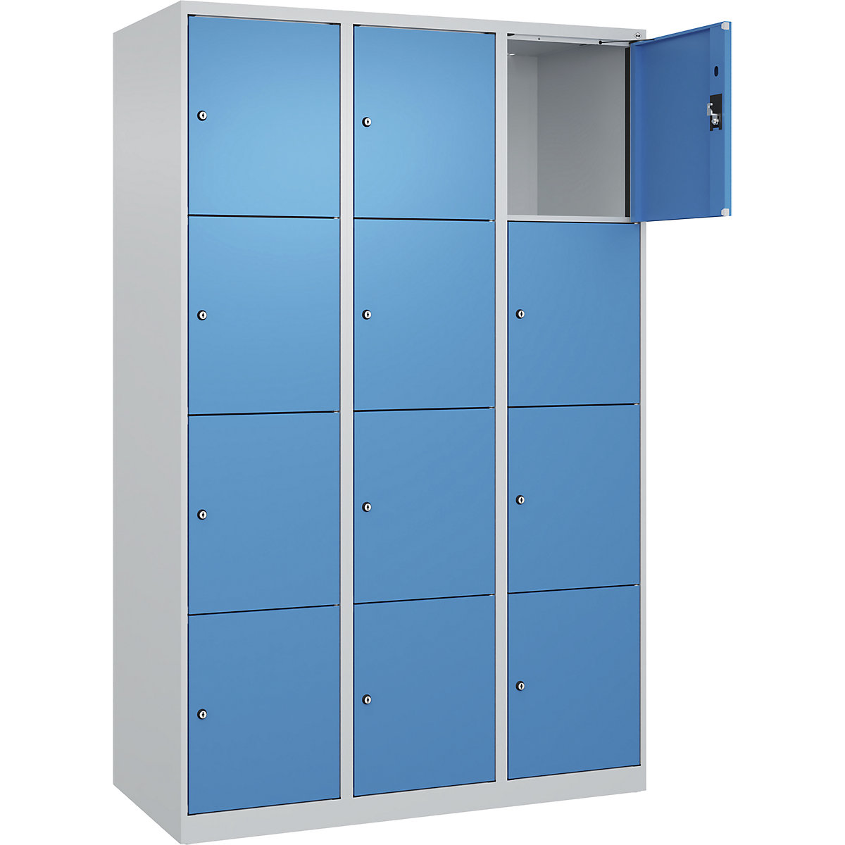 Dulap cu 4 compartimente cu încuietoare Evolo PLUS, 3 module, gri deschis / albastru deschis, lăț. 1200 mm, 12 compartimente, cu glisoare pentru podea, încuietoare cilindrică-0