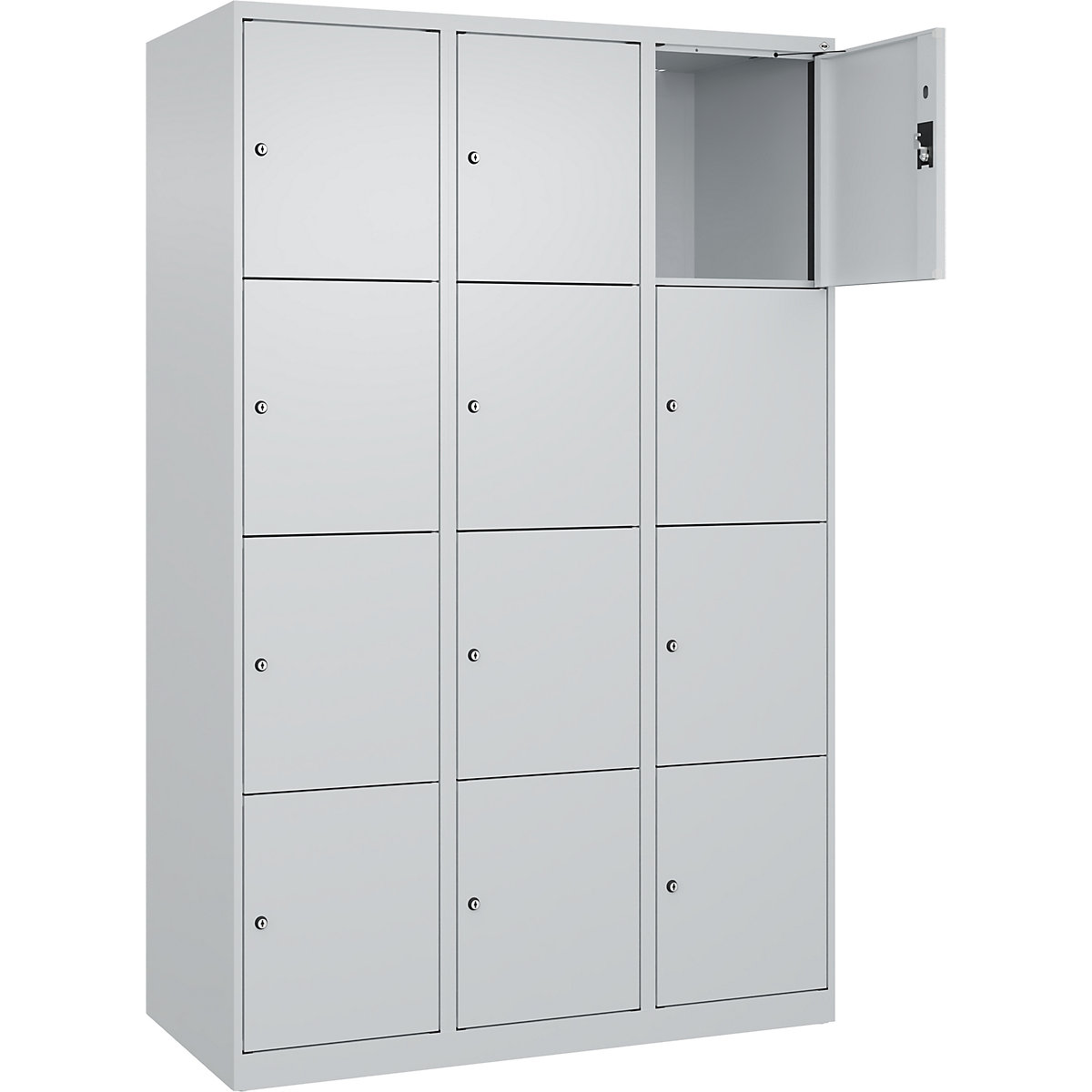 Dulap cu 4 compartimente cu încuietoare Evolo PLUS, 3 module, gri deschis, lăț. 1200 mm, 12 compartimente, cu glisoare pentru podea, încuietoare cilindrică-0