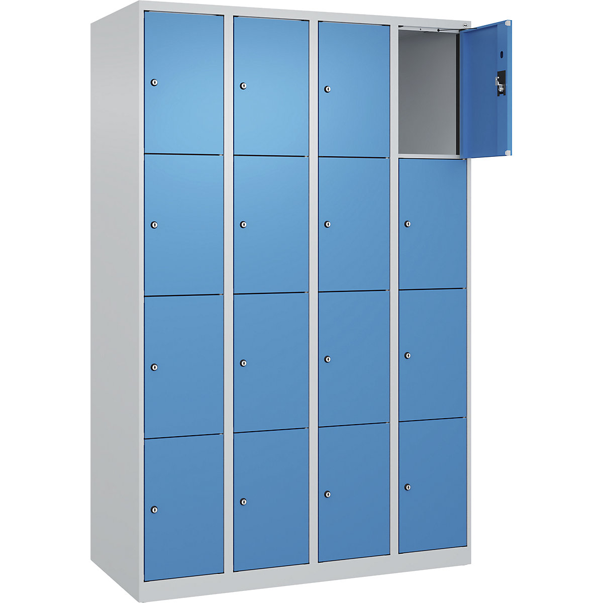 Dulap cu 4 compartimente cu încuietoare Evolo PLUS, 4 module, gri deschis / albastru deschis, lăț. 1200 mm, 16 compartimente, cu glisoare pentru podea, încuietoare cilindrică-0
