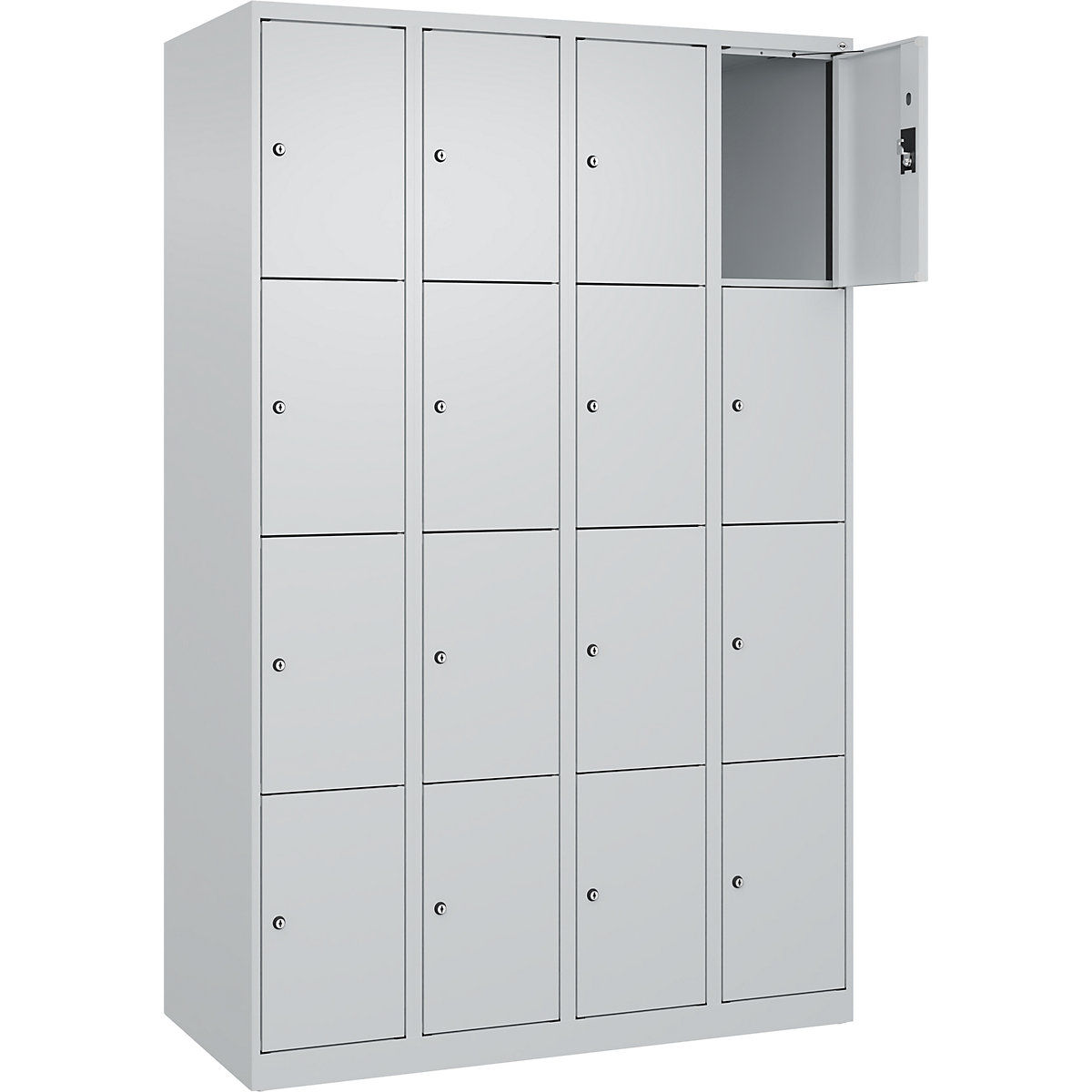 Dulap cu 4 compartimente cu încuietoare Evolo PLUS, 4 module, gri deschis, lăț. 1200 mm, 16 compartimente, cu glisoare pentru podea, încuietoare cilindrică-0