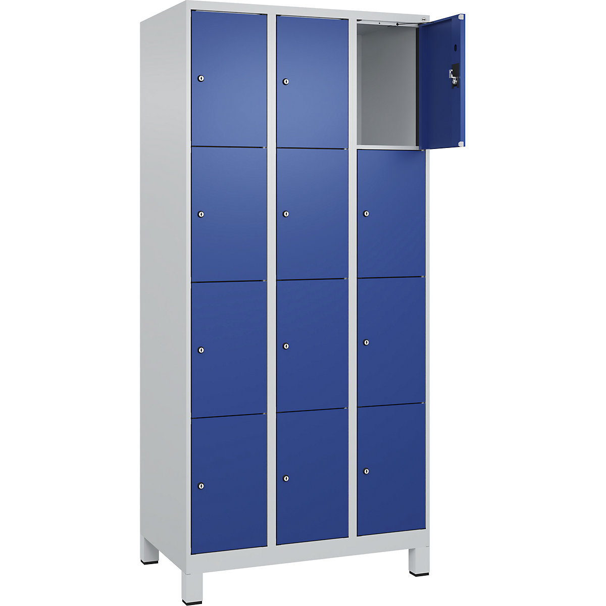 Dulap cu 4 compartimente cu încuietoare Evolo PLUS, 3 module, gri deschis / albastru gențiană, lăț. 900 mm, 12 compartimente, cu picioare late, încuietoare cilindrică-0