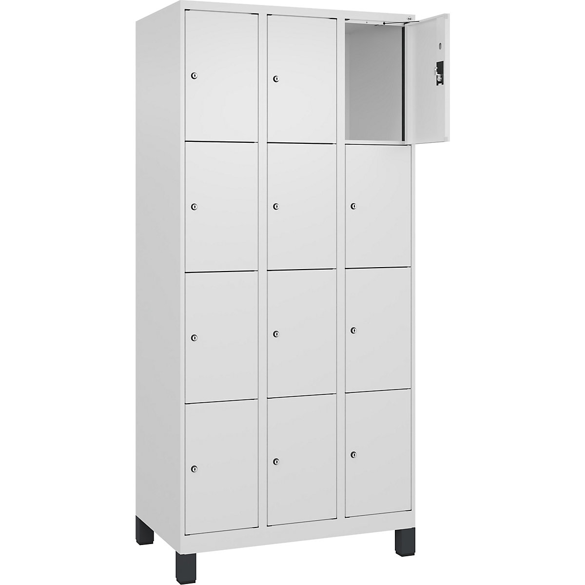 Dulap cu 4 compartimente cu încuietoare Evolo PLUS, 3 module, alb, lăț. 900 mm, 12 compartimente, cu picioare late, încuietoare cilindrică-0