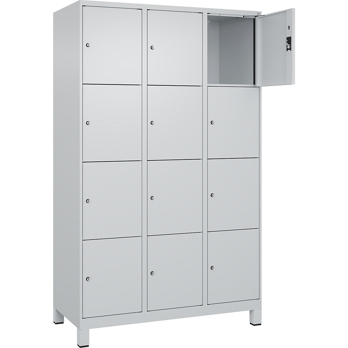Dulap cu 4 compartimente cu încuietoare Evolo PLUS, 3 module, gri deschis, lăț. 1200 mm, 12 compartimente, cu picioare late, încuietoare cilindrică-0