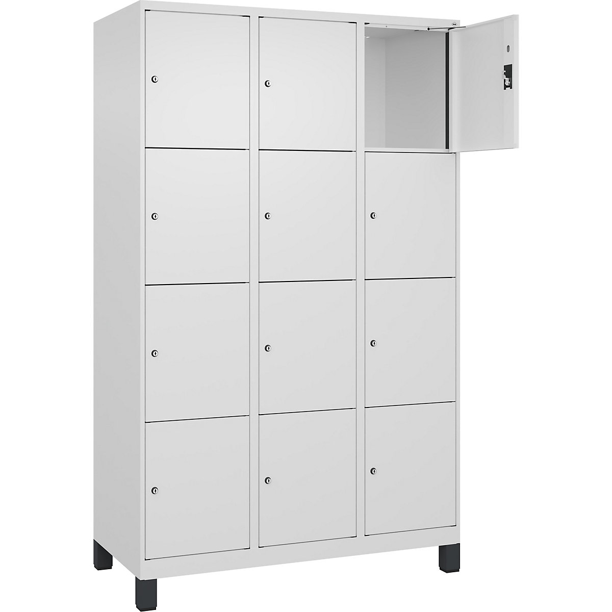 Dulap cu 4 compartimente cu încuietoare Evolo PLUS, 3 module, alb, lăț. 1200 mm, 12 compartimente, cu picioare late, încuietoare cilindrică-0