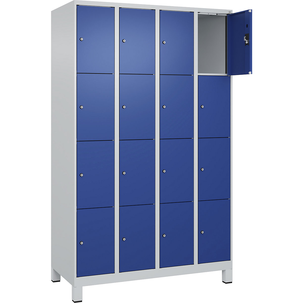 Dulap cu 4 compartimente cu încuietoare Evolo PLUS, 4 module, gri deschis / albastru gențiană, lăț. 1200 mm, 16 compartimente, cu picioare late, încuietoare cilindrică-0