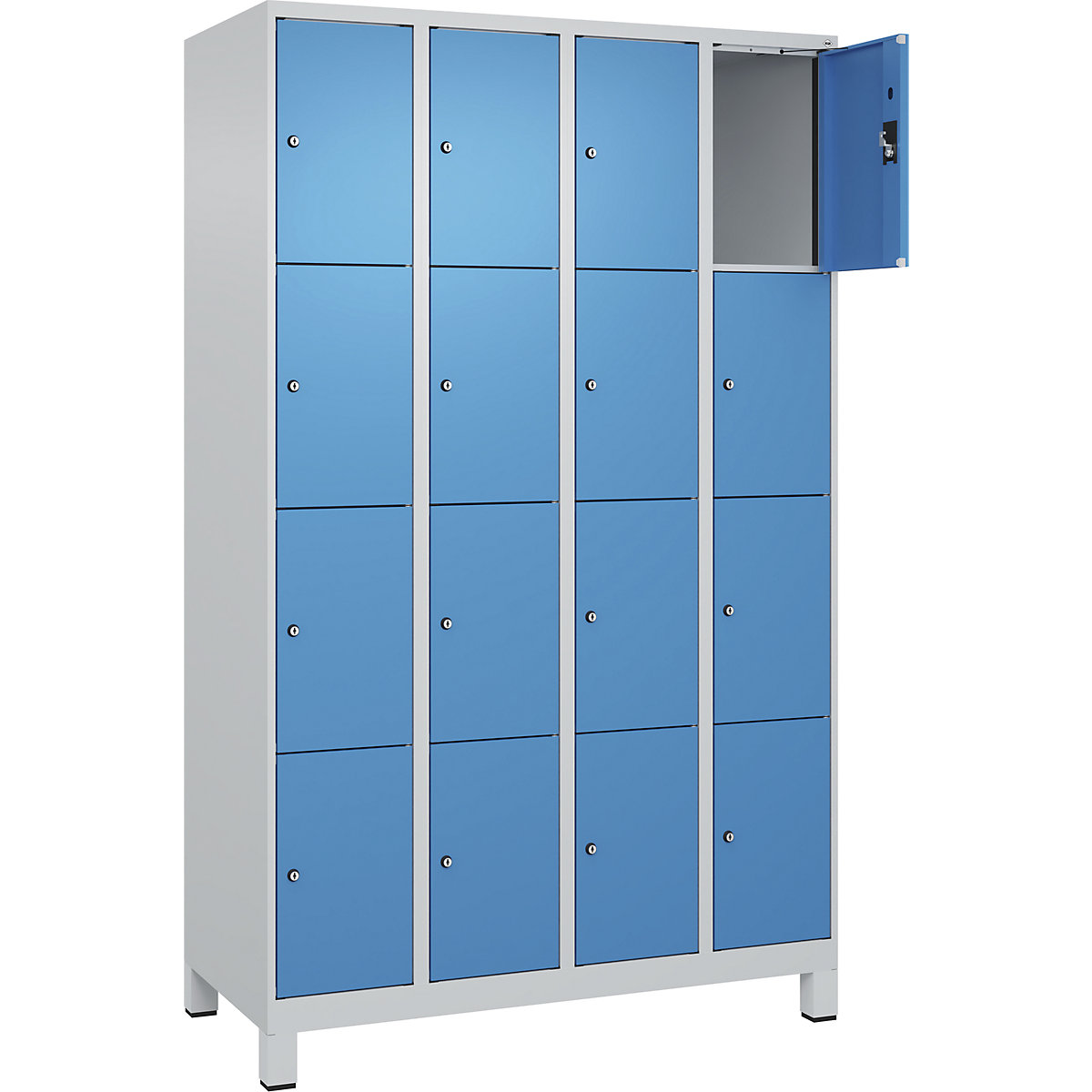 Dulap cu 4 compartimente cu încuietoare Evolo PLUS, 4 module, gri deschis / albastru deschis, lăț. 1200 mm, 16 compartimente, cu picioare late, încuietoare cilindrică-0