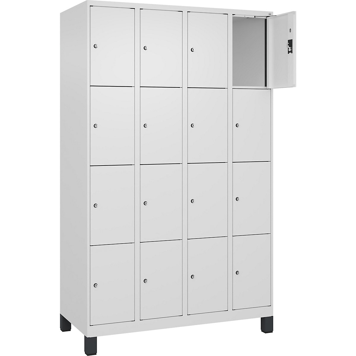 Dulap cu 4 compartimente cu încuietoare Evolo PLUS, 4 module, alb, lăț. 1200 mm, 16 compartimente, cu picioare late, încuietoare cilindrică-0