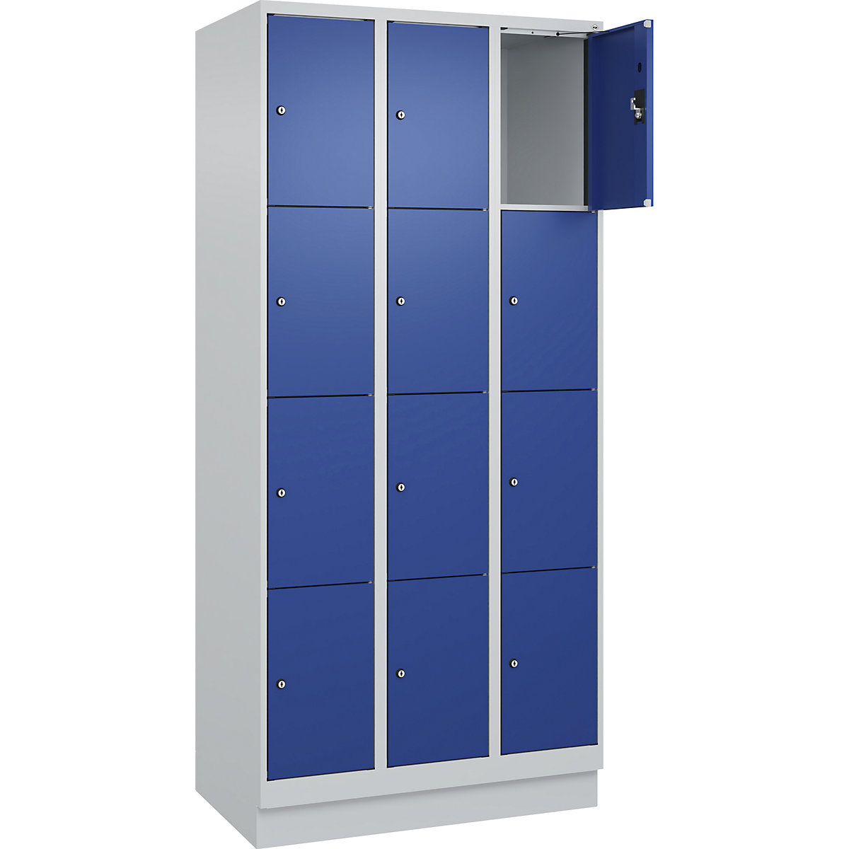 Dulap cu 4 compartimente cu încuietoare Evolo PLUS, 3 module, gri deschis / albastru gențiană, lăț. 900 mm, 12 compartimente, cu soclu, încuietoare cilindrică-0