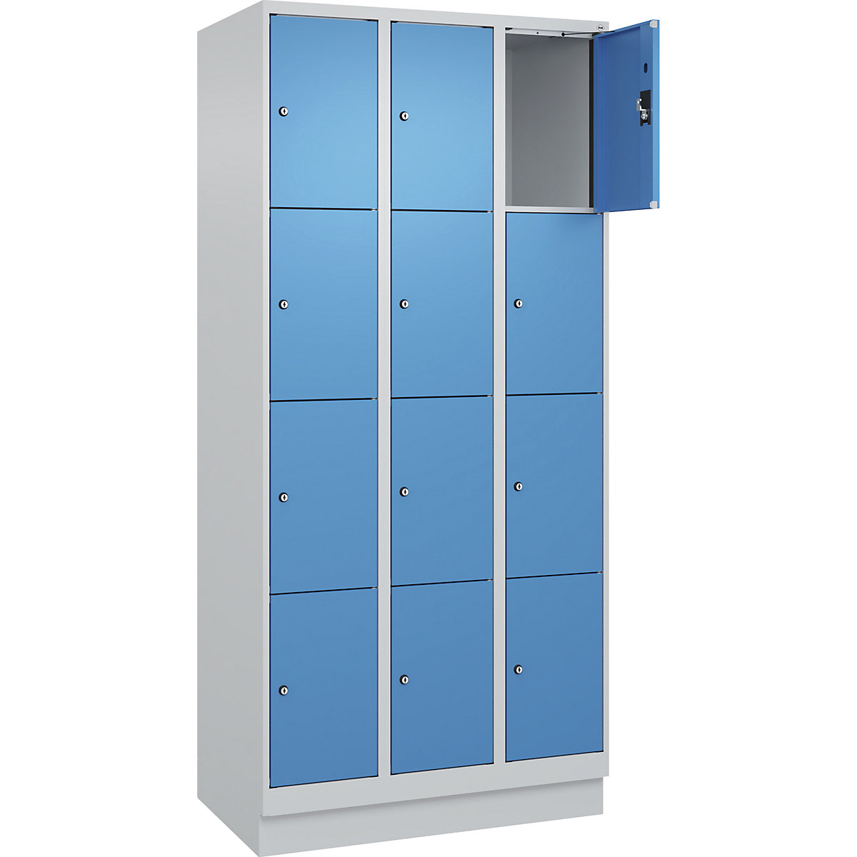Dulap cu 4 compartimente cu încuietoare Evolo PLUS, 3 module, gri deschis / albastru deschis, lăț. 900 mm, 12 compartimente, cu soclu, încuietoare cilindrică-0