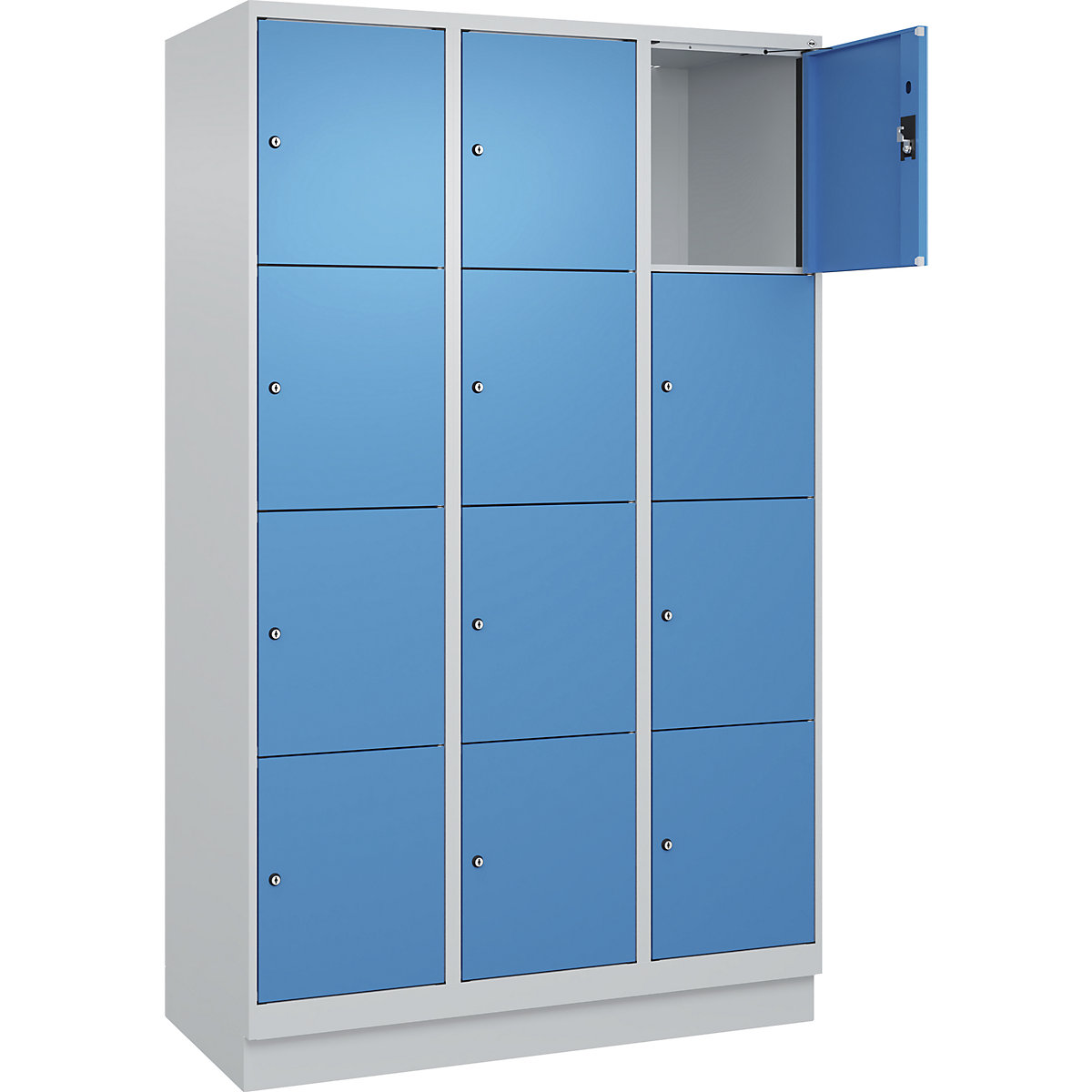 Dulap cu 4 compartimente cu încuietoare Evolo PLUS, 3 module, gri deschis / albastru deschis, lăț. 1200 mm, 12 compartimente, cu soclu, încuietoare cilindrică-0
