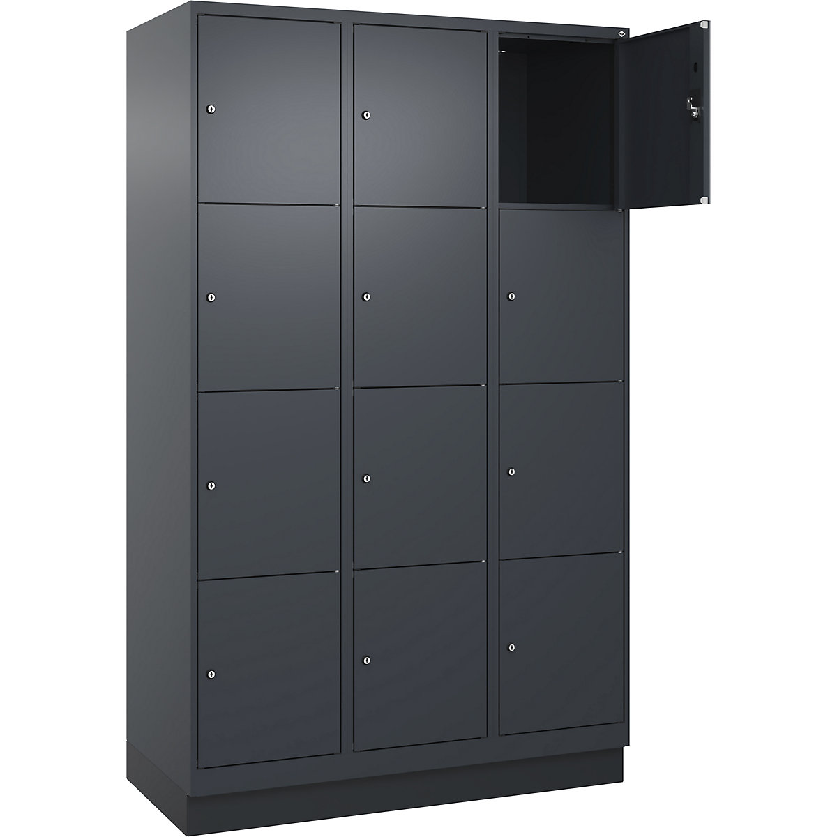 Dulap cu 4 compartimente cu încuietoare Evolo PLUS, 3 module, gri, lăț. 1200 mm, 12 compartimente, cu soclu, încuietoare cilindrică-0