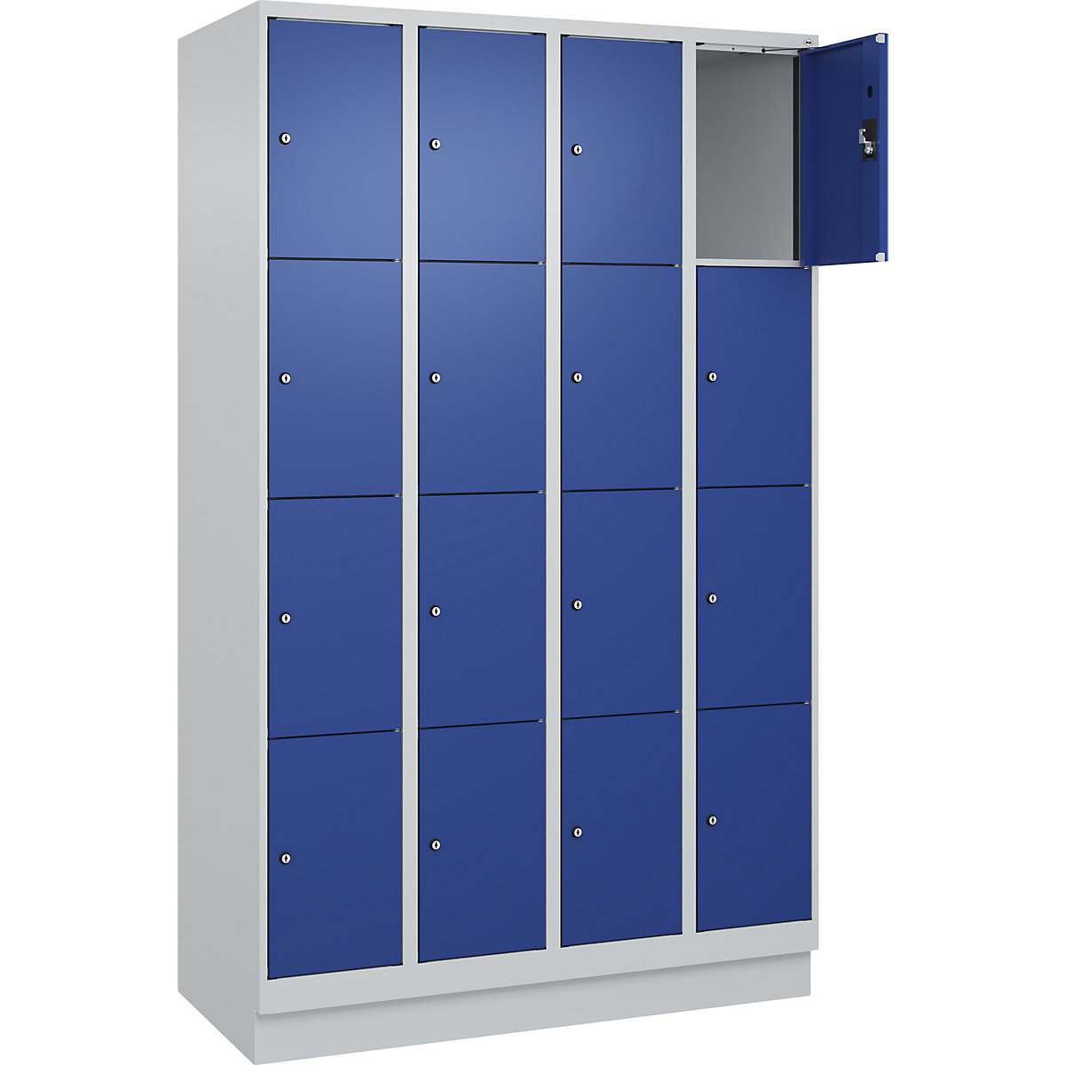 Dulap cu 4 compartimente cu încuietoare Evolo PLUS, 4 module, gri deschis / albastru gențiană, lăț. 1200 mm, 16 compartimente, cu soclu, încuietoare cilindrică-0