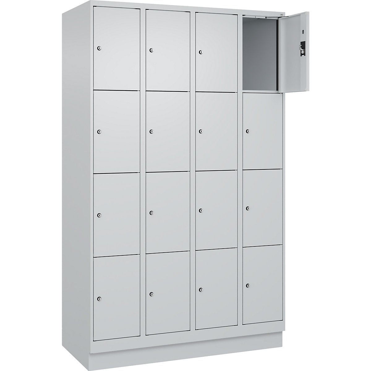 Dulap cu 4 compartimente cu încuietoare Evolo PLUS, 4 module, gri deschis, lăț. 1200 mm, 16 compartimente, cu soclu, încuietoare cilindrică-0