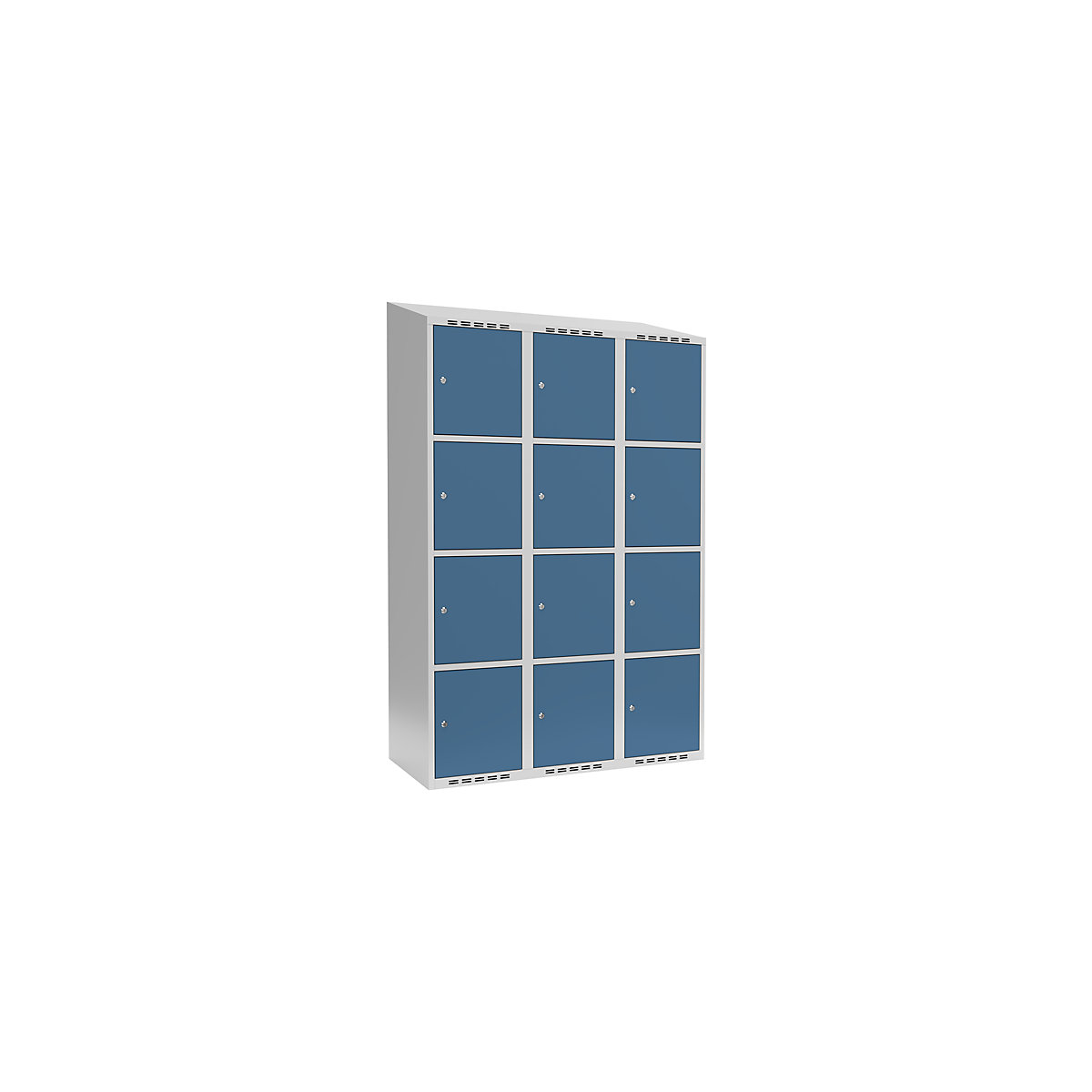 Dulap cu 4 compartimente cu încuietoare Fydor, 3 module, gri deschis / albastru briliant, lăț. 1200 mm, 3 module, acoperiș cu formă înclinată, încuietoare cilindrică-0