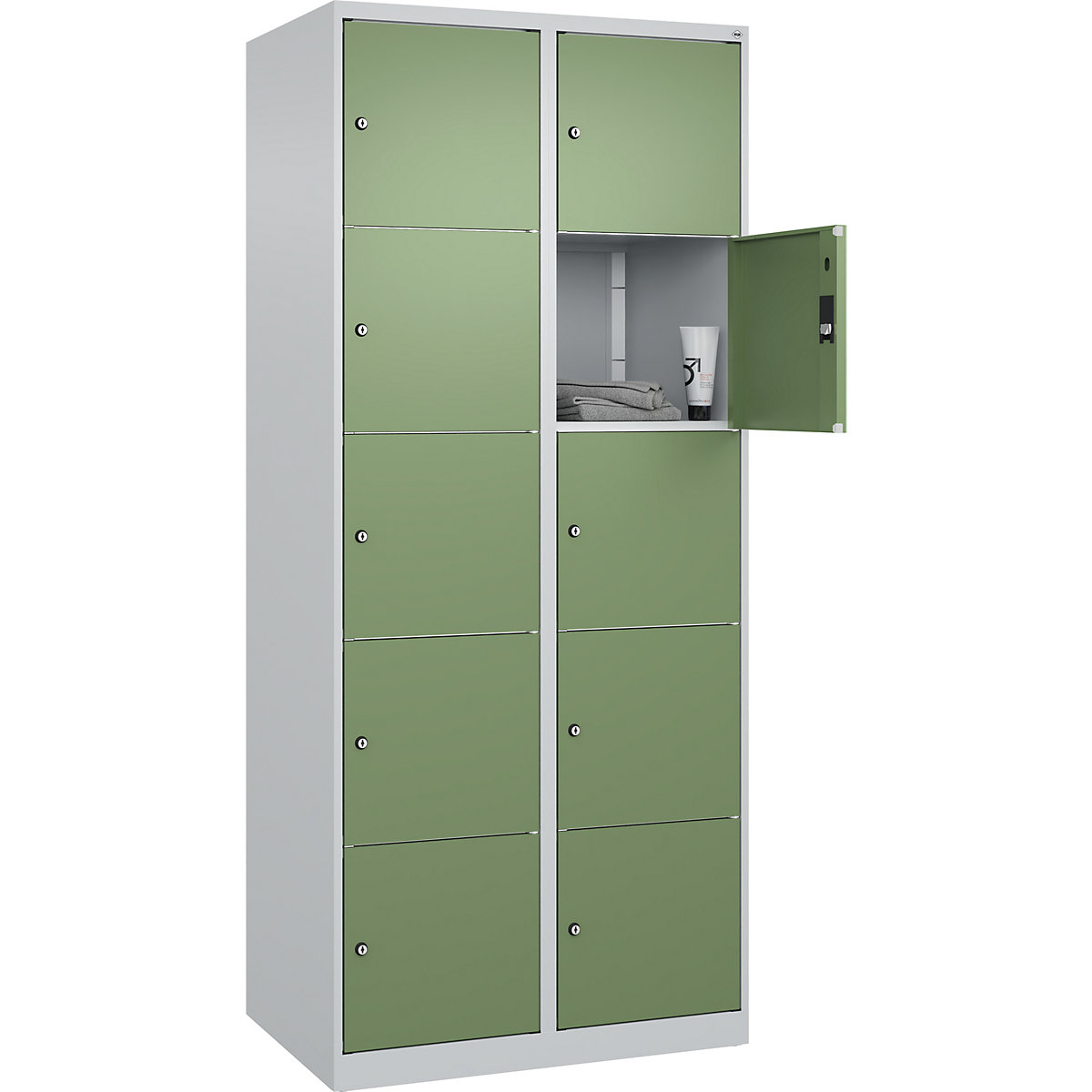 Dulap cu 5 compartimente cu încuietoare Classic PLUS – C+P, 2 module, gri deschis / verde reseda, lăț. 800 mm, 10 compartimente, cu glisoare pentru podea-0