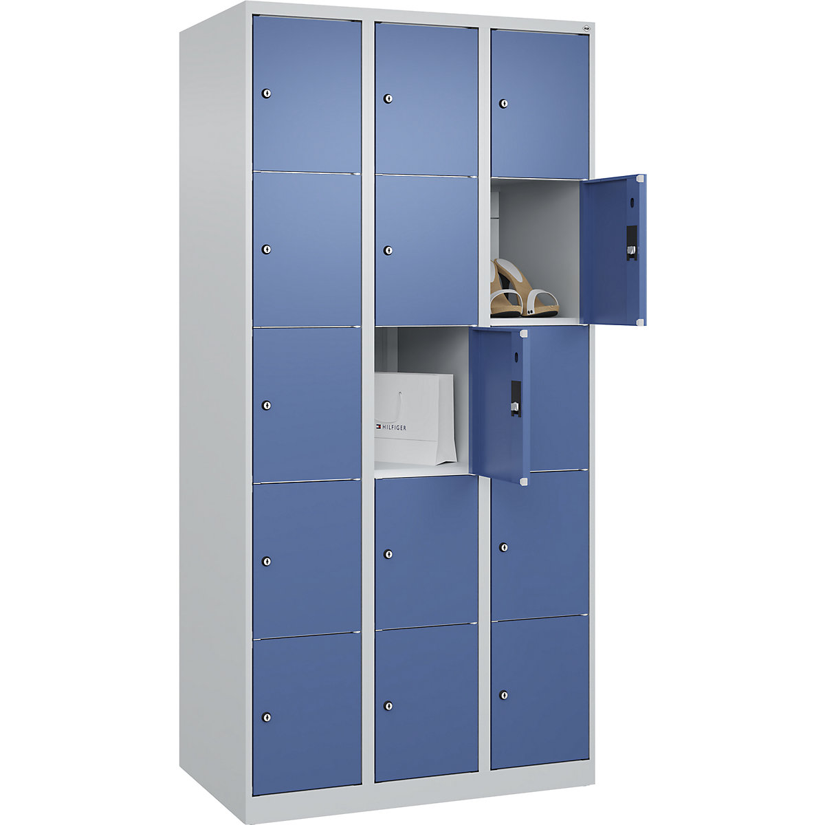 Dulap cu 5 compartimente cu încuietoare Classic PLUS – C+P, 3 module, gri deschis / albastru distant, lăț. 900 mm, 15 compartimente, cu glisoare pentru podea-0