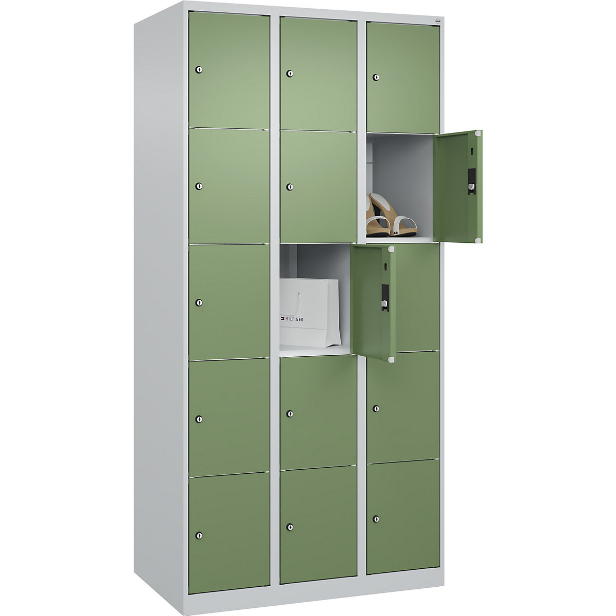 Dulap cu 5 compartimente cu încuietoare Classic PLUS – C+P, 3 module, gri deschis / verde reseda, lăț. 900 mm, 15 compartimente, cu glisoare pentru podea-0