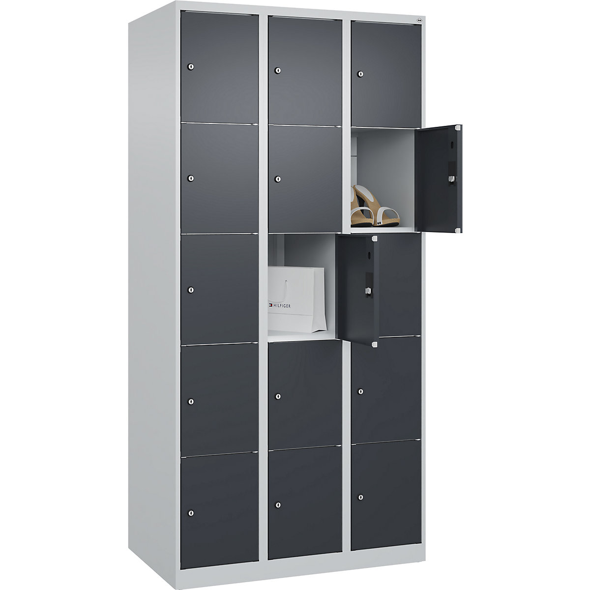 Dulap cu 5 compartimente cu încuietoare Classic PLUS – C+P, 3 module, gri deschis / gri, lăț. 900 mm, 15 compartimente, cu glisoare pentru podea-0