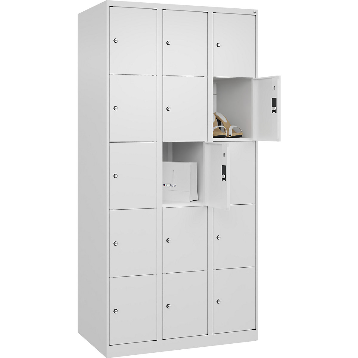 Dulap cu 5 compartimente cu încuietoare Classic PLUS – C+P, 3 module, alb trafic, lăț. 900 mm, 15 compartimente, cu glisoare pentru podea-0