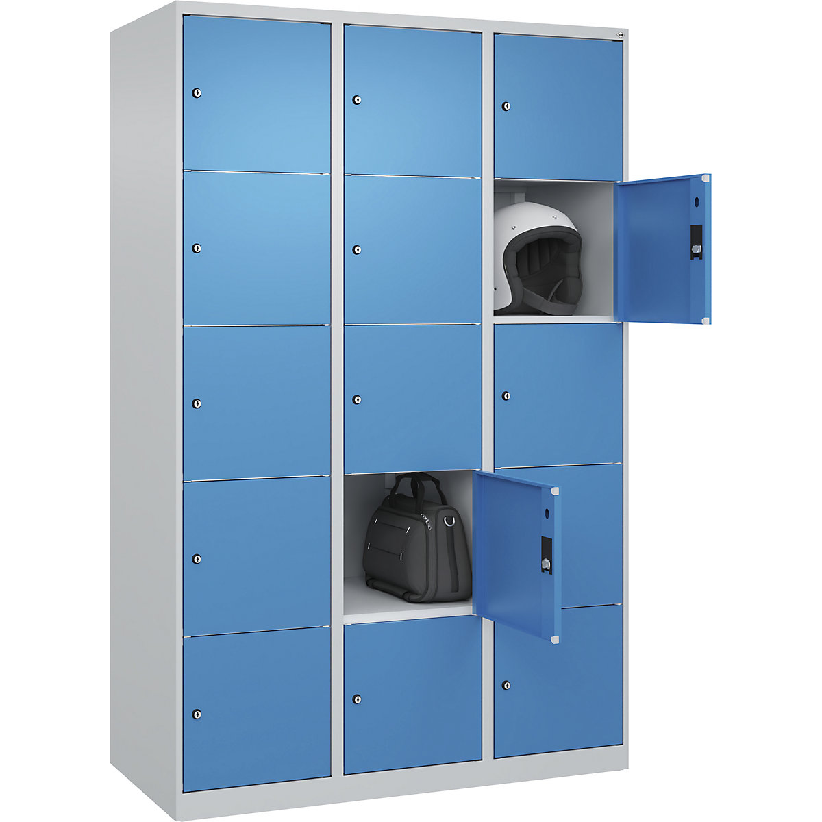 Dulap cu 5 compartimente cu încuietoare Classic PLUS – C+P, 3 module, gri deschis / albastru deschis, lăț. 1200 mm, 15 compartimente, cu glisoare pentru podea-0
