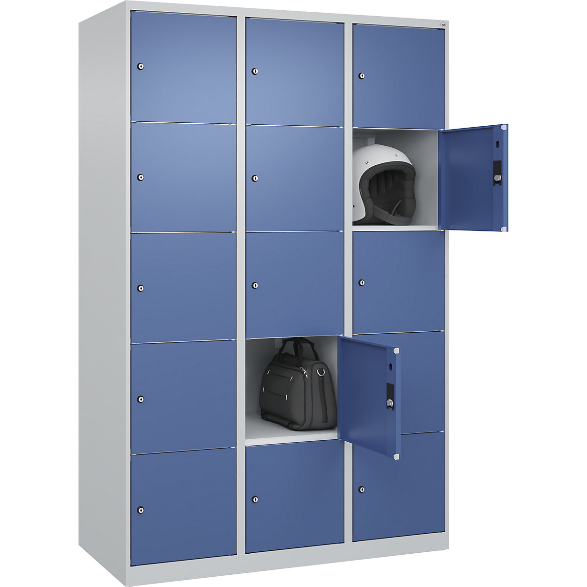 Dulap cu 5 compartimente cu încuietoare Classic PLUS – C+P, 3 module, gri deschis / albastru distant, lăț. 1200 mm, 15 compartimente, cu glisoare pentru podea-0