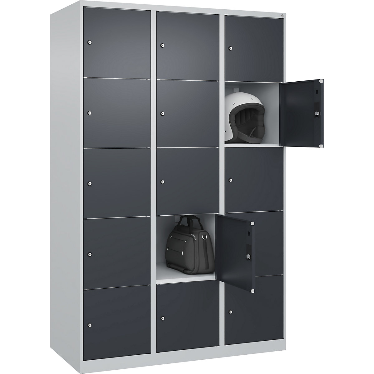 Dulap cu 5 compartimente cu încuietoare Classic PLUS – C+P, 3 module, gri deschis / gri, lăț. 1200 mm, 15 compartimente, cu glisoare pentru podea-0