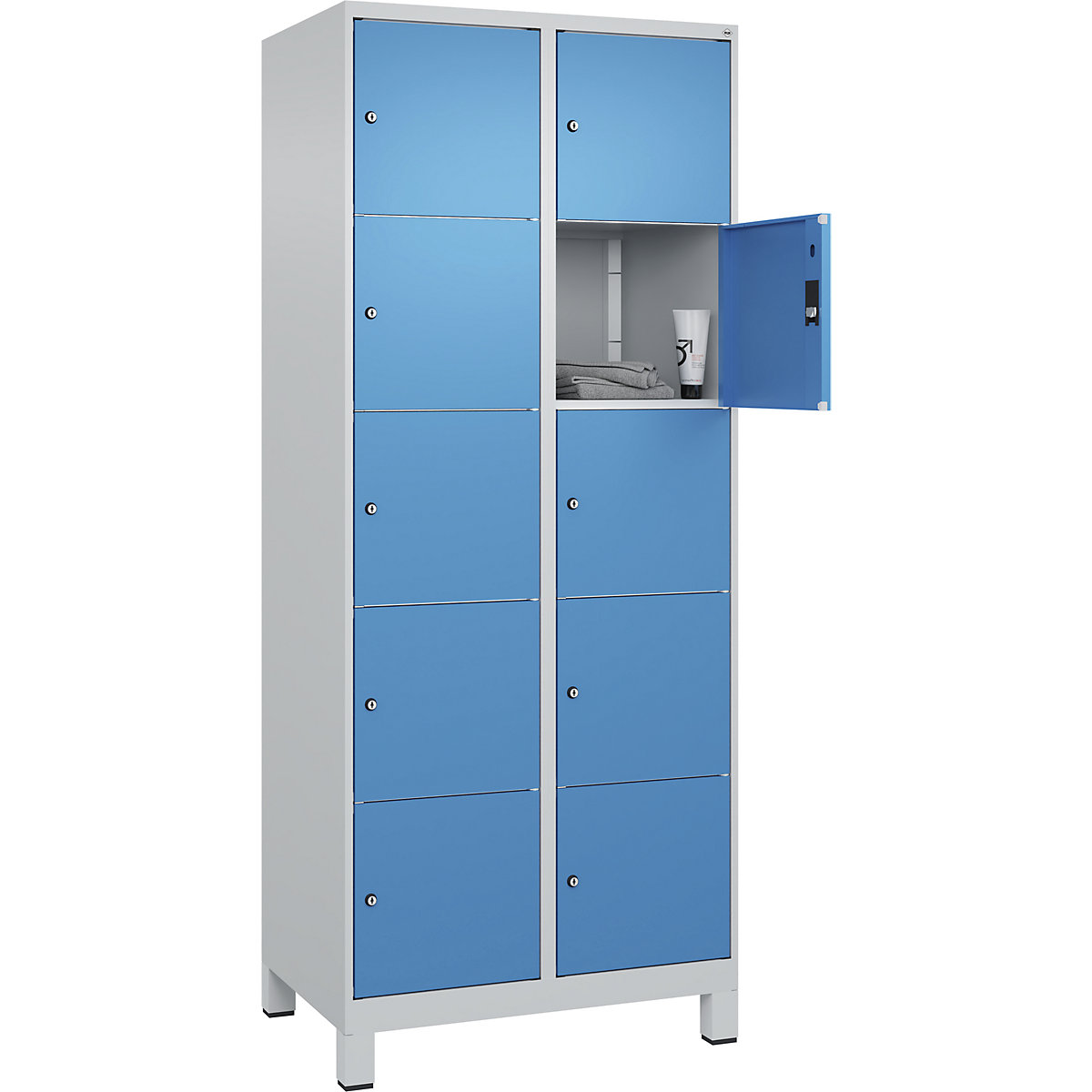 Dulap cu 5 compartimente cu încuietoare Classic PLUS – C+P, 2 module, gri deschis / albastru deschis, lăț. 800 mm, 10 compartimente, cu picioare-0