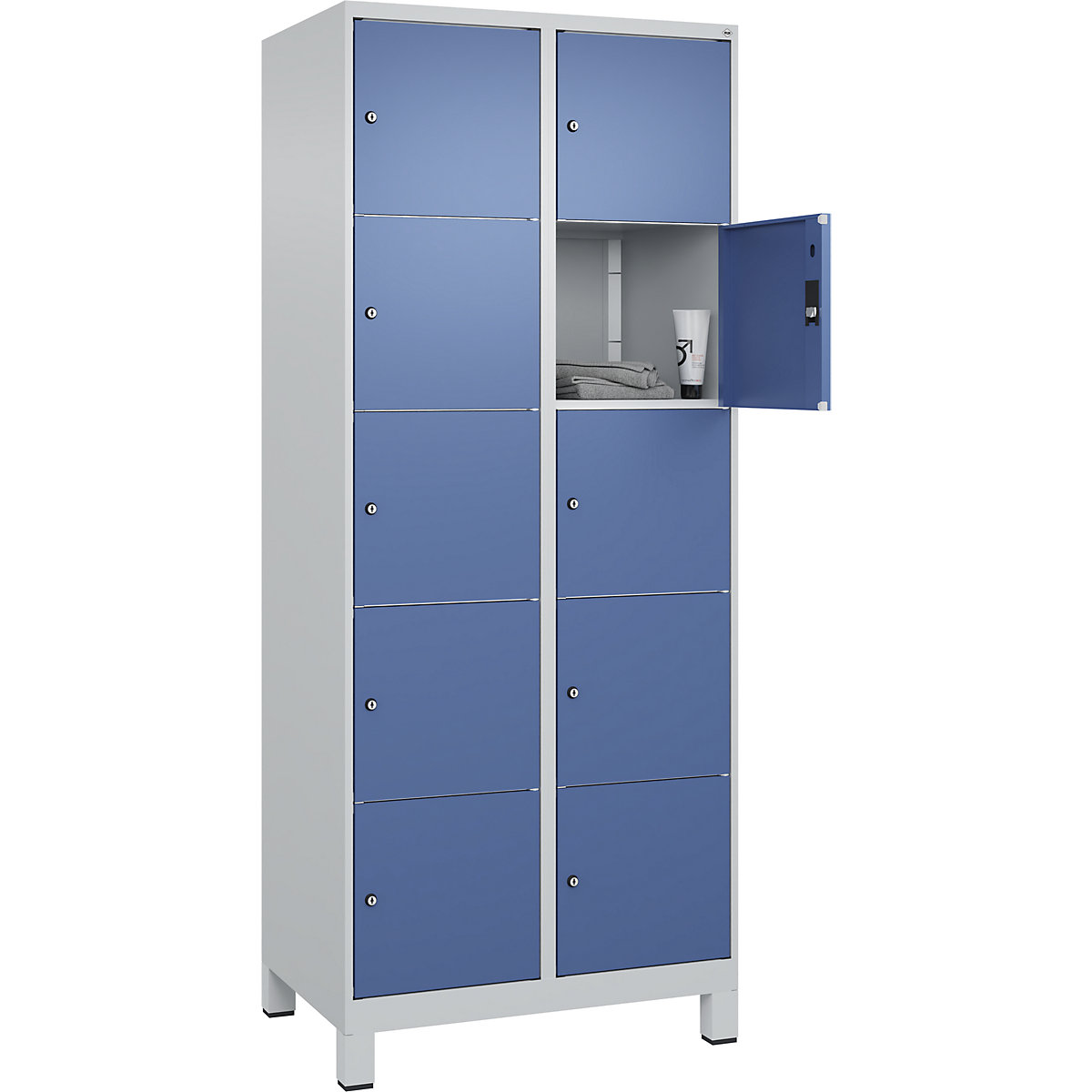 Dulap cu 5 compartimente cu încuietoare Classic PLUS – C+P, 2 module, gri deschis / albastru distant, lăț. 800 mm, 10 compartimente, cu picioare-0
