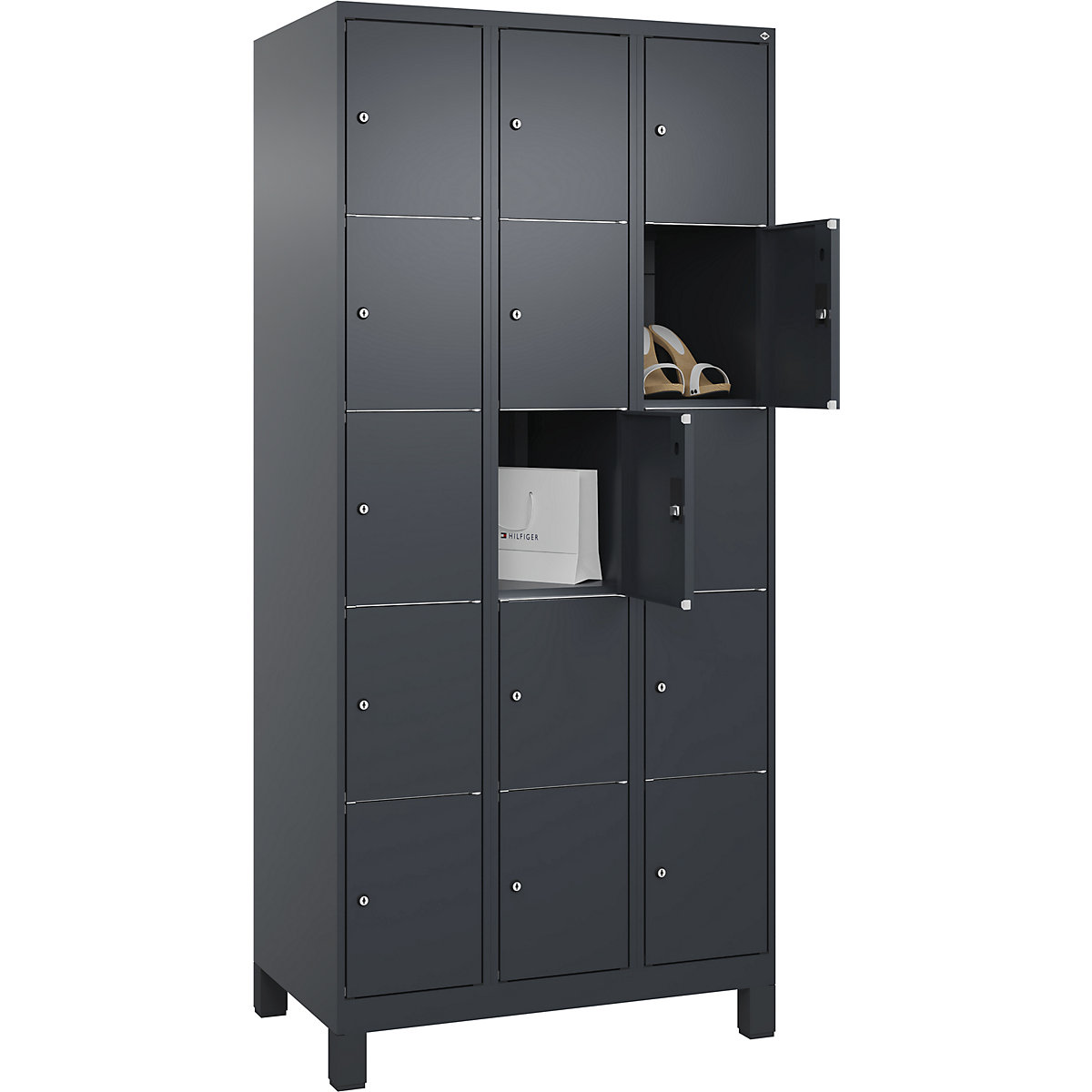 Dulap cu 5 compartimente cu încuietoare Classic PLUS – C+P, 3 module, gri, lăț. 900 mm, 15 compartimente, cu picioare-0
