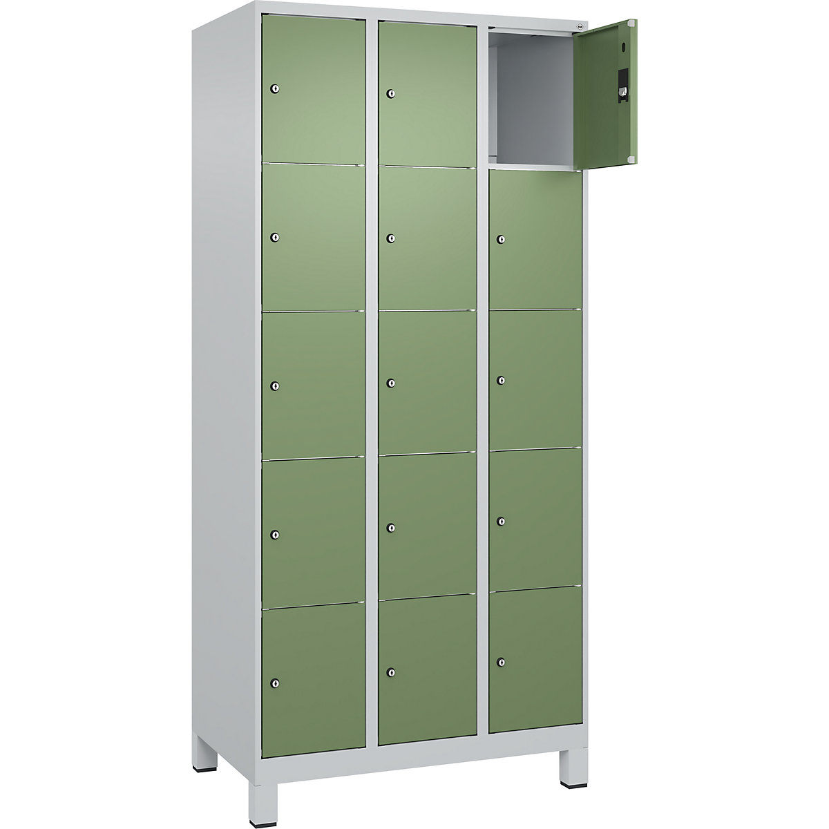 Dulap cu 5 compartimente cu încuietoare Classic PLUS – C+P, 3 module, gri deschis / verde reseda, lăț. 900 mm, 15 compartimente, cu picioare-0
