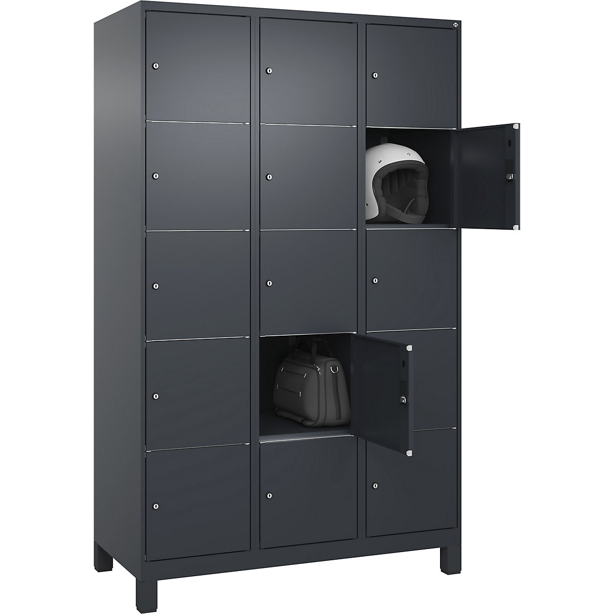 Dulap cu 5 compartimente cu încuietoare Classic PLUS – C+P, 3 module, gri, lăț. 1200 mm, 15 compartimente, cu picioare-0