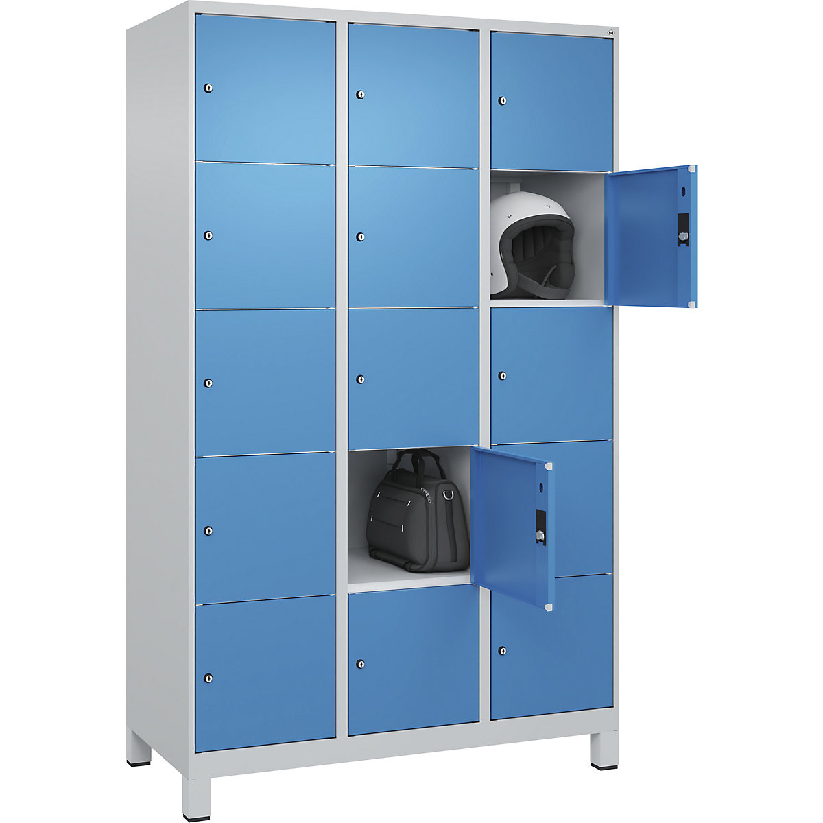 Dulap cu 5 compartimente cu încuietoare Classic PLUS – C+P, 3 module, gri deschis / albastru deschis, lăț. 1200 mm, 15 compartimente, cu picioare-0