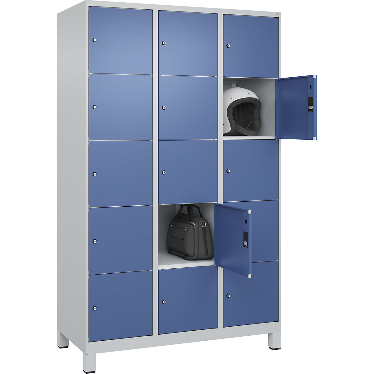 Dulap cu 5 compartimente cu încuietoare Classic PLUS – C+P, 3 module, gri deschis / albastru distant, lăț. 1200 mm, 15 compartimente, cu picioare-0