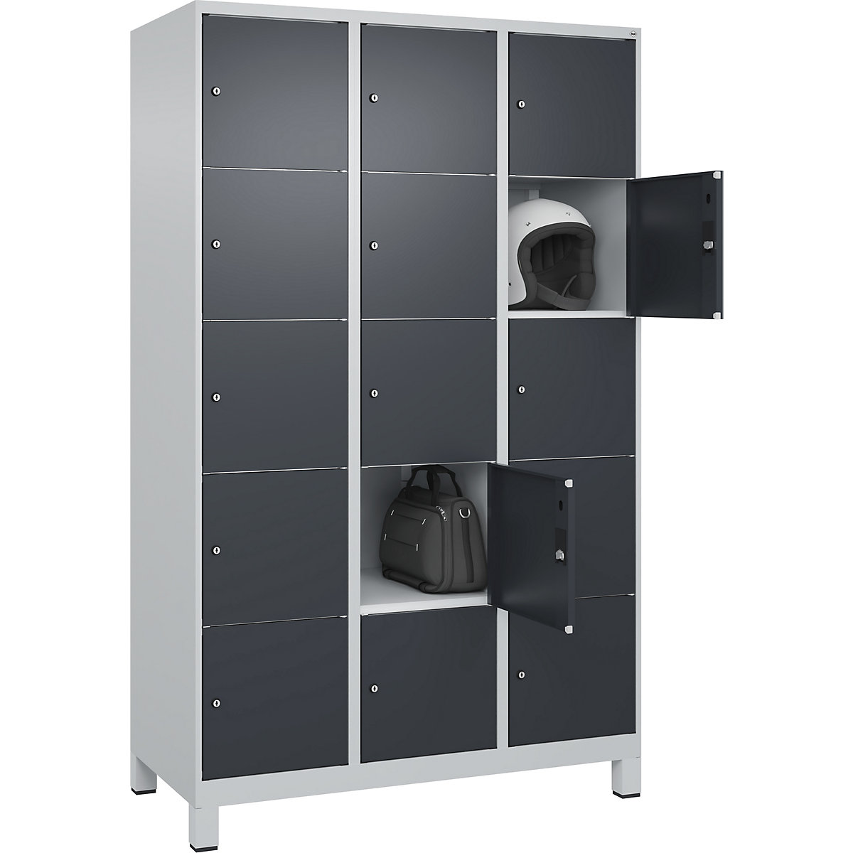 Dulap cu 5 compartimente cu încuietoare Classic PLUS – C+P, 3 module, gri deschis / gri, lăț. 1200 mm, 15 compartimente, cu picioare-0